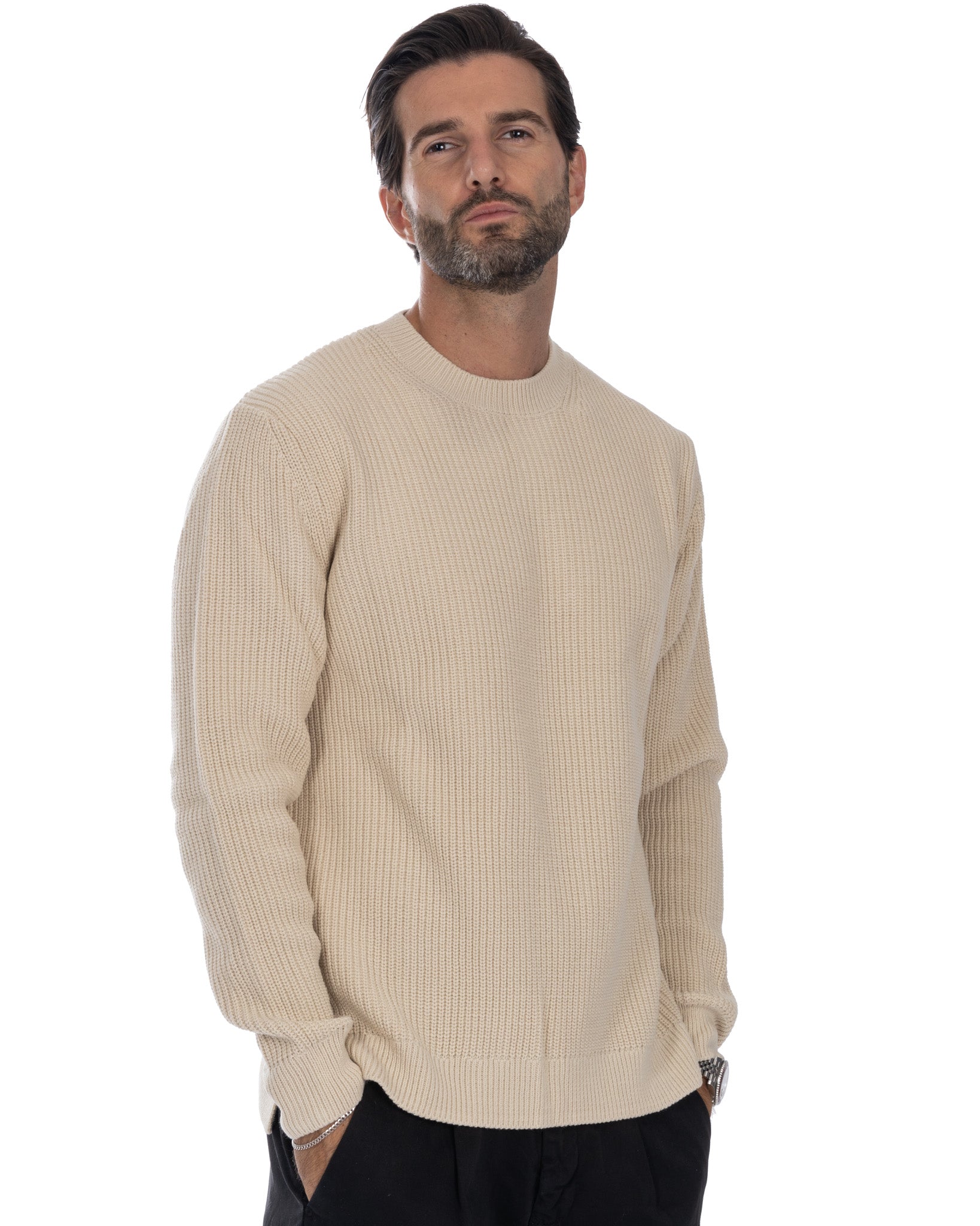 Sven - pull col rond côtelé beige