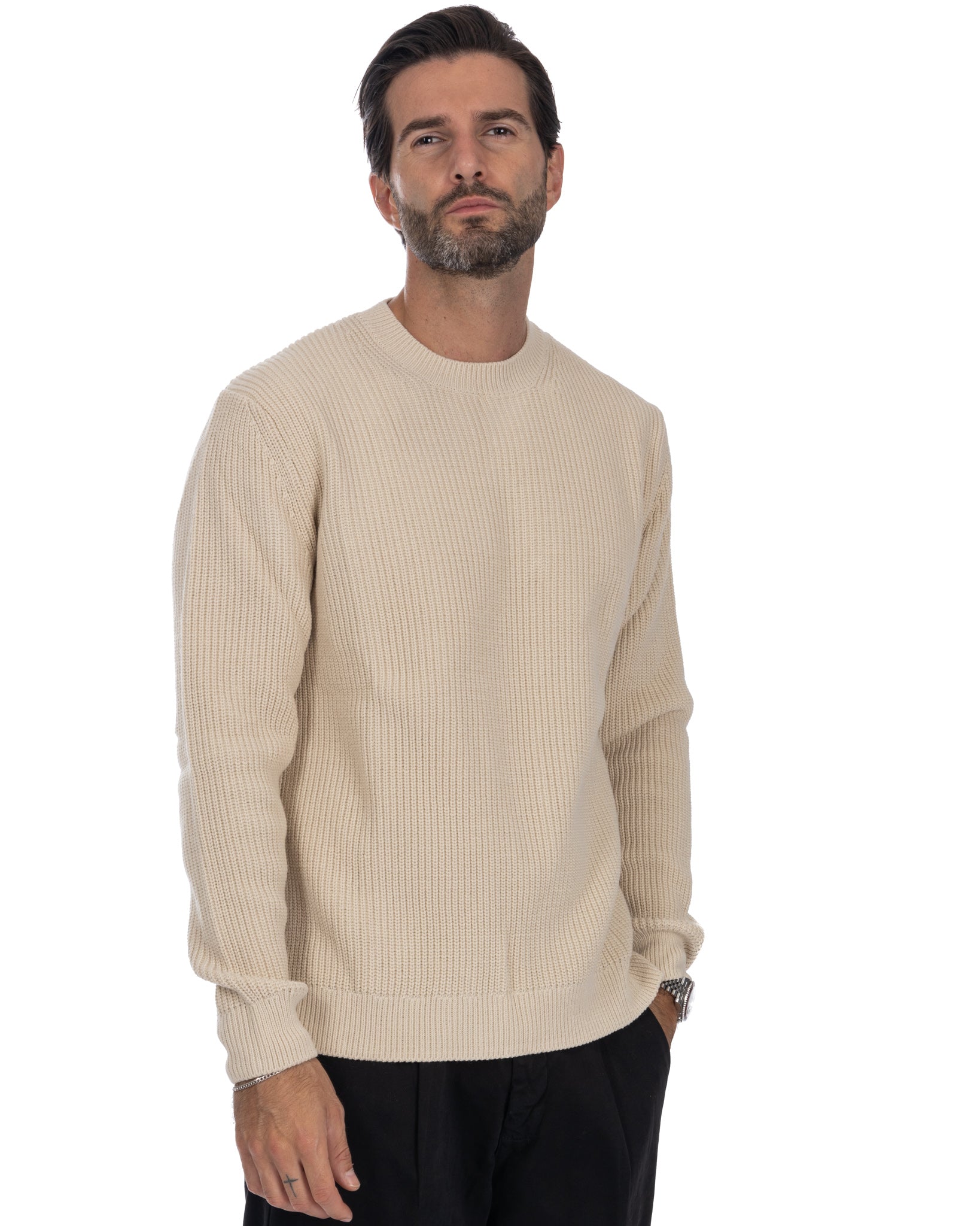 Sven - beige ribbed crew neck sweater