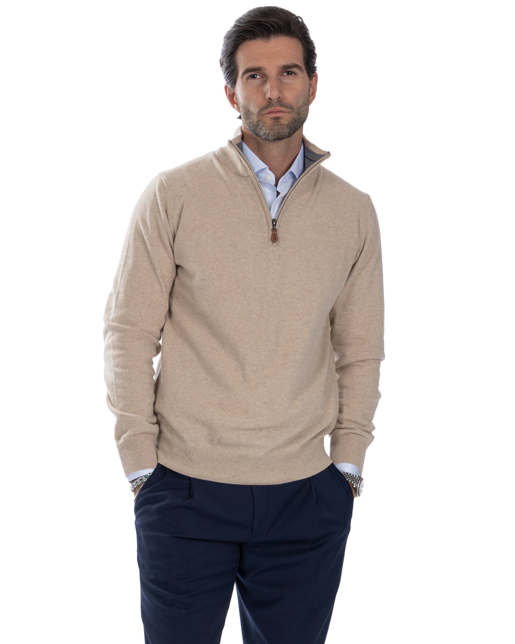 Rory - beige cashmere blend zip sweater