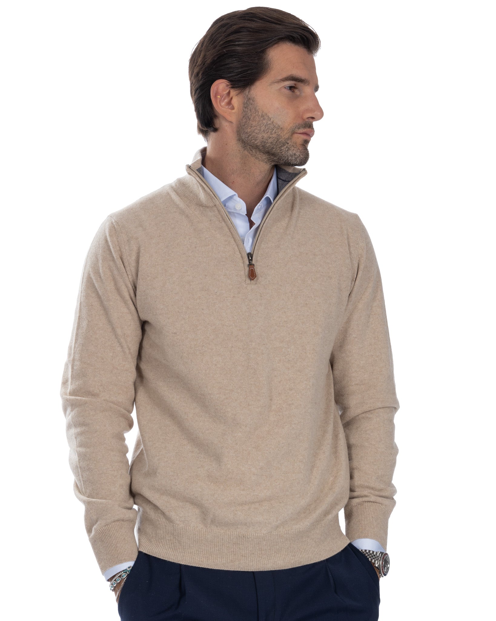 Rory - maglione beige con zip in misto cachemire