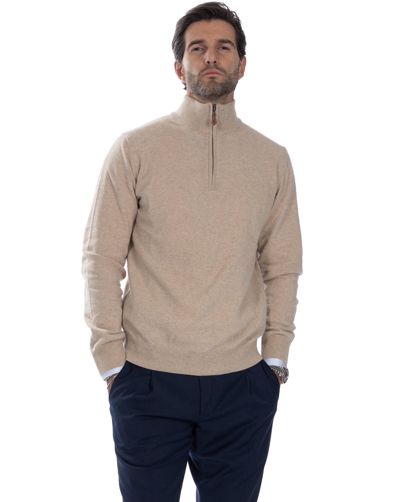 Rory - maglione beige con zip in misto cachemire