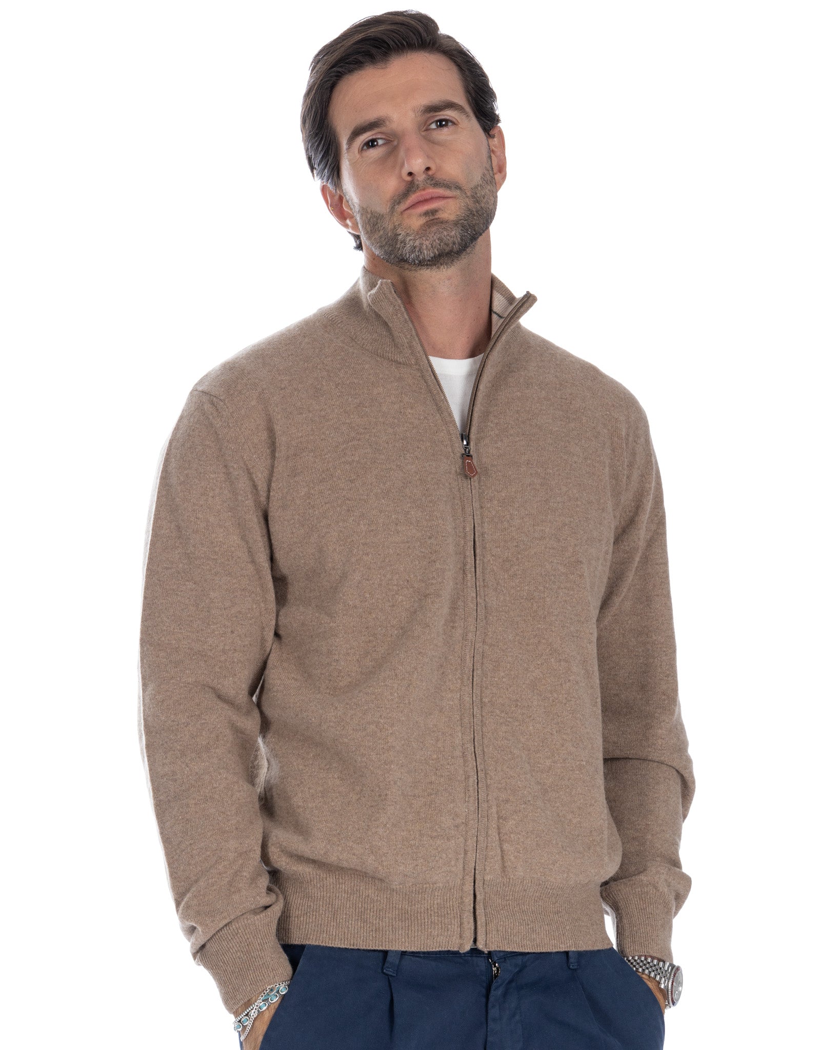 Matt - maglione tabacco full zip in misto cachemire