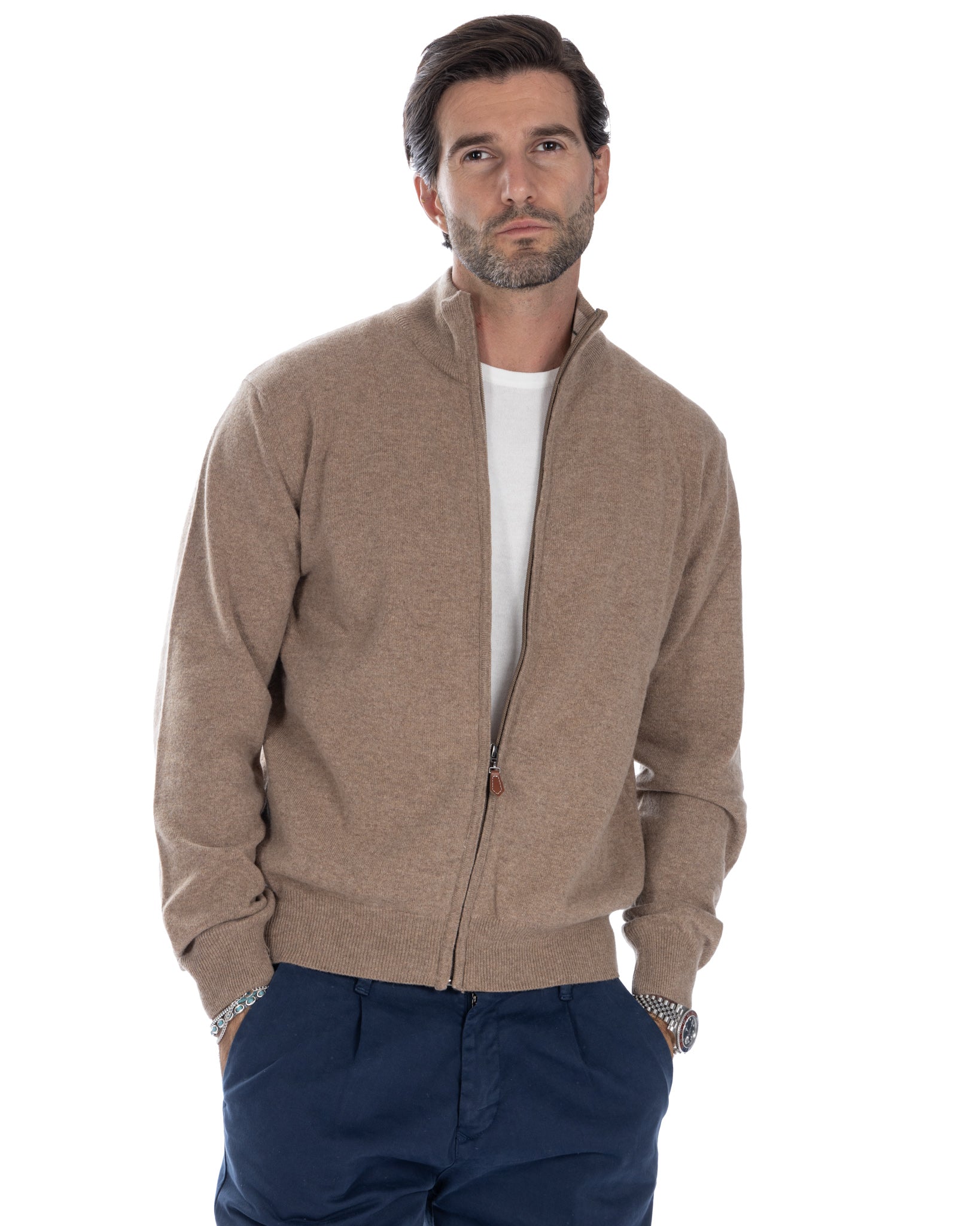 Matt - maglione tabacco full zip in misto cachemire