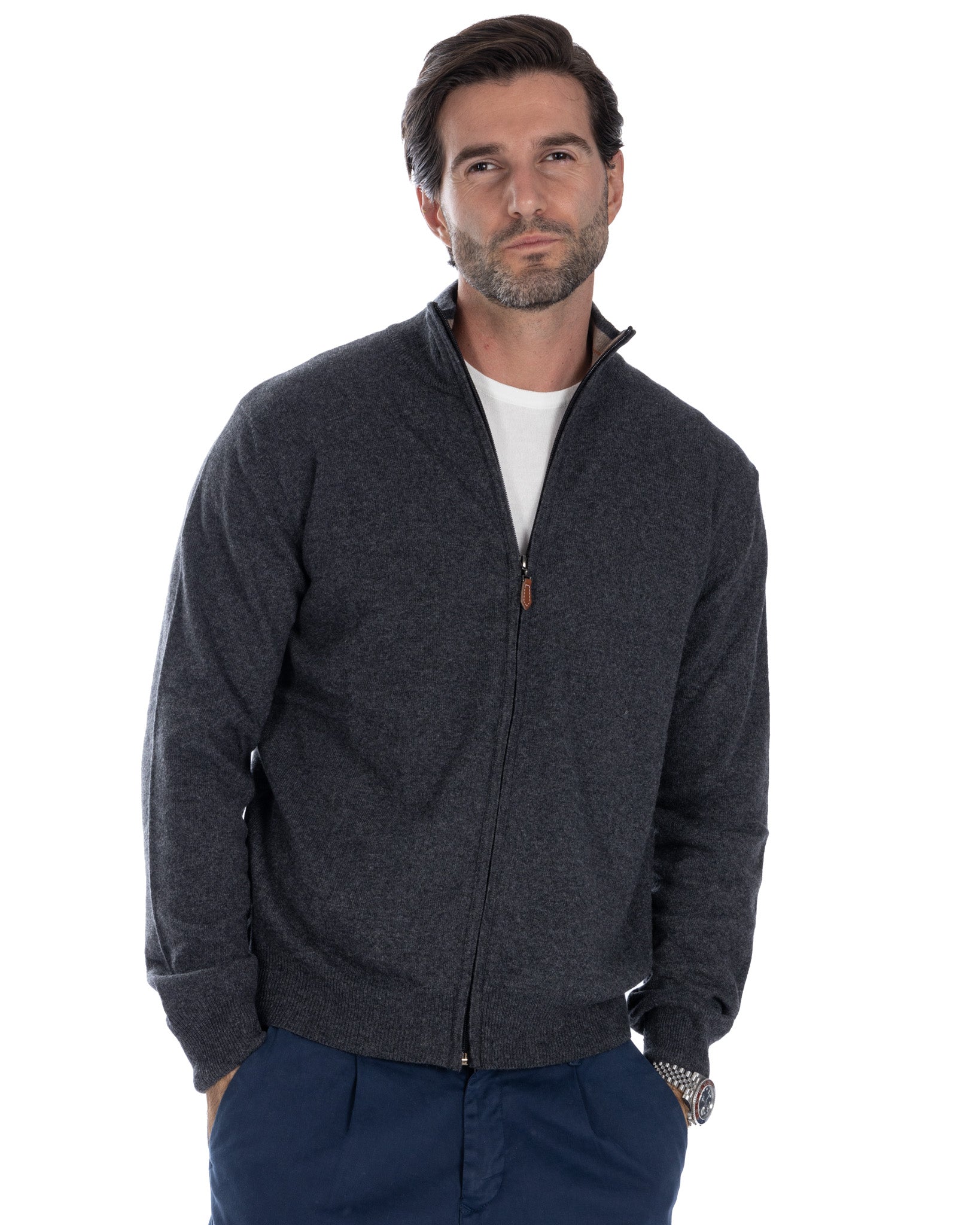 Matt - maglione antracite full zip in misto cachemire