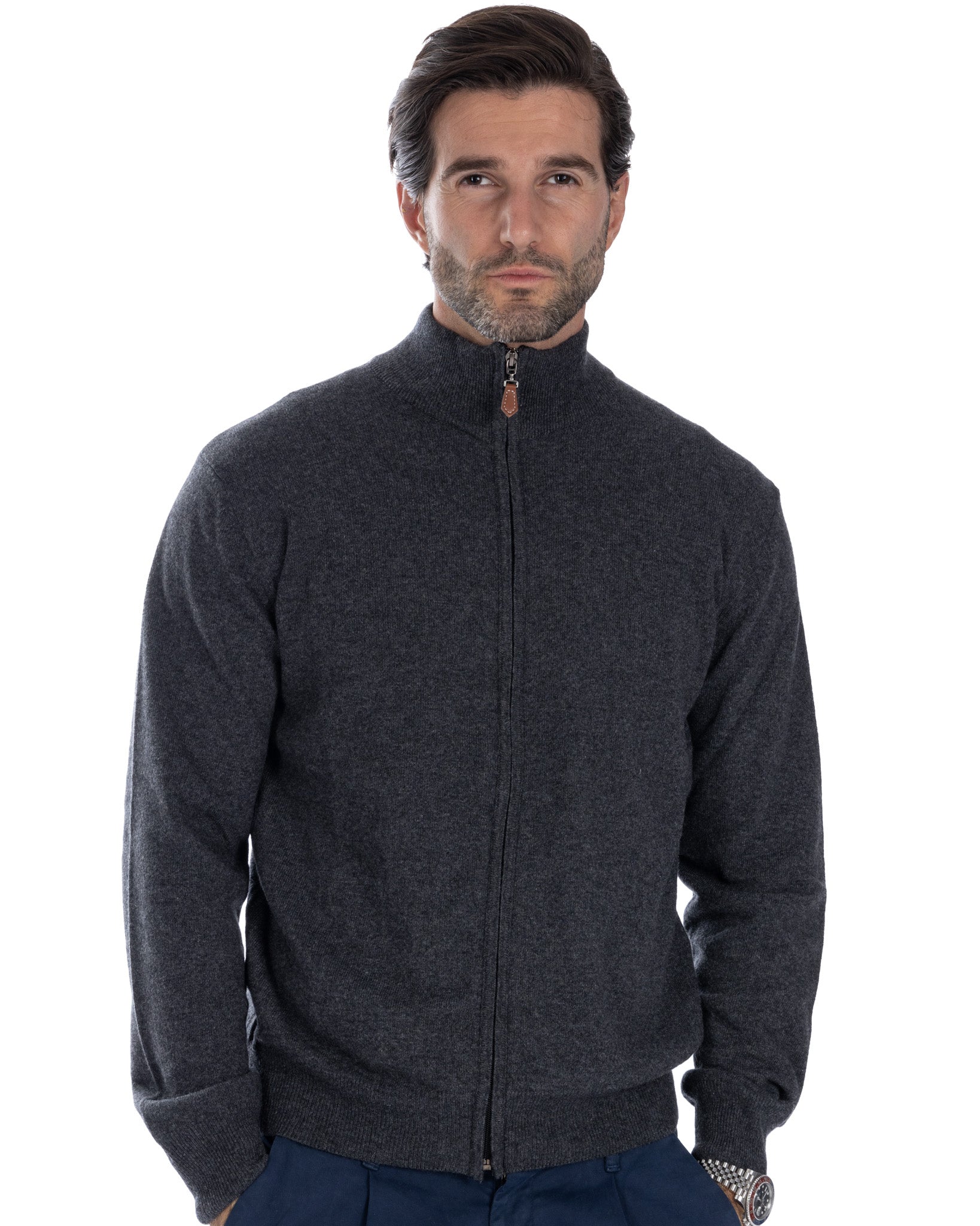 Matt - maglione antracite full zip in misto cachemire