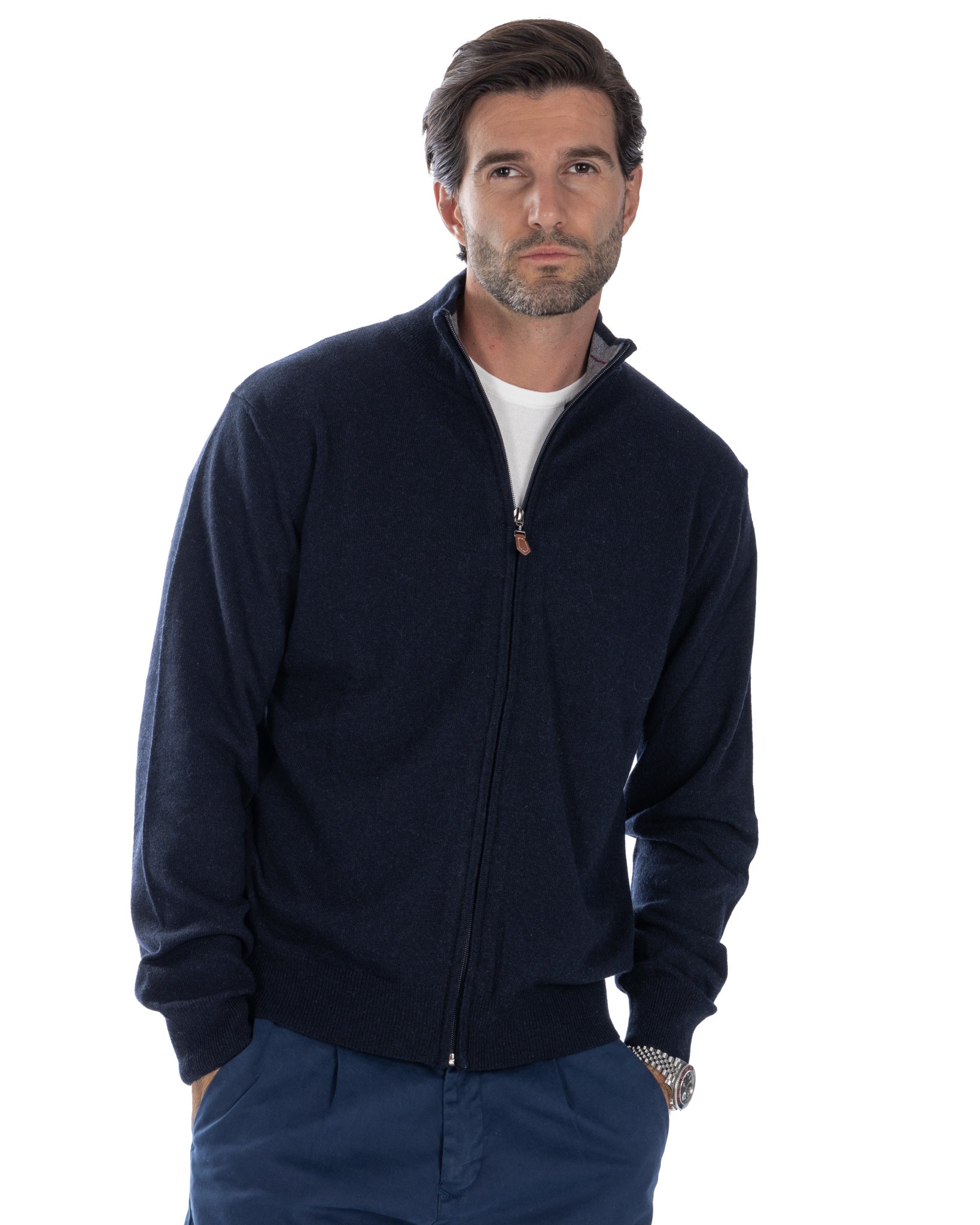 Matt - maglione blu full zip in misto cachemire