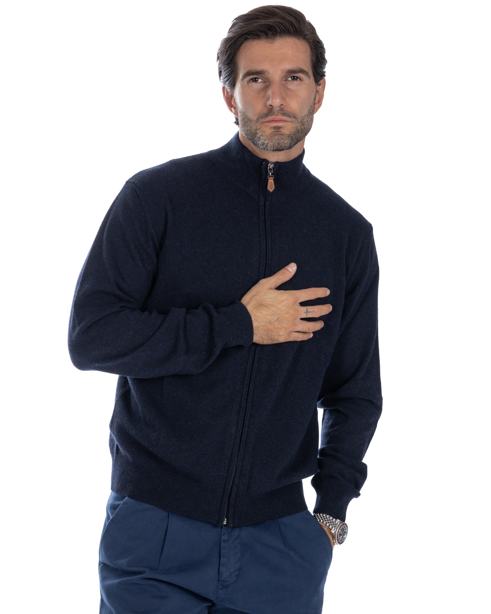 Matt - maglione blu full zip in misto cachemire