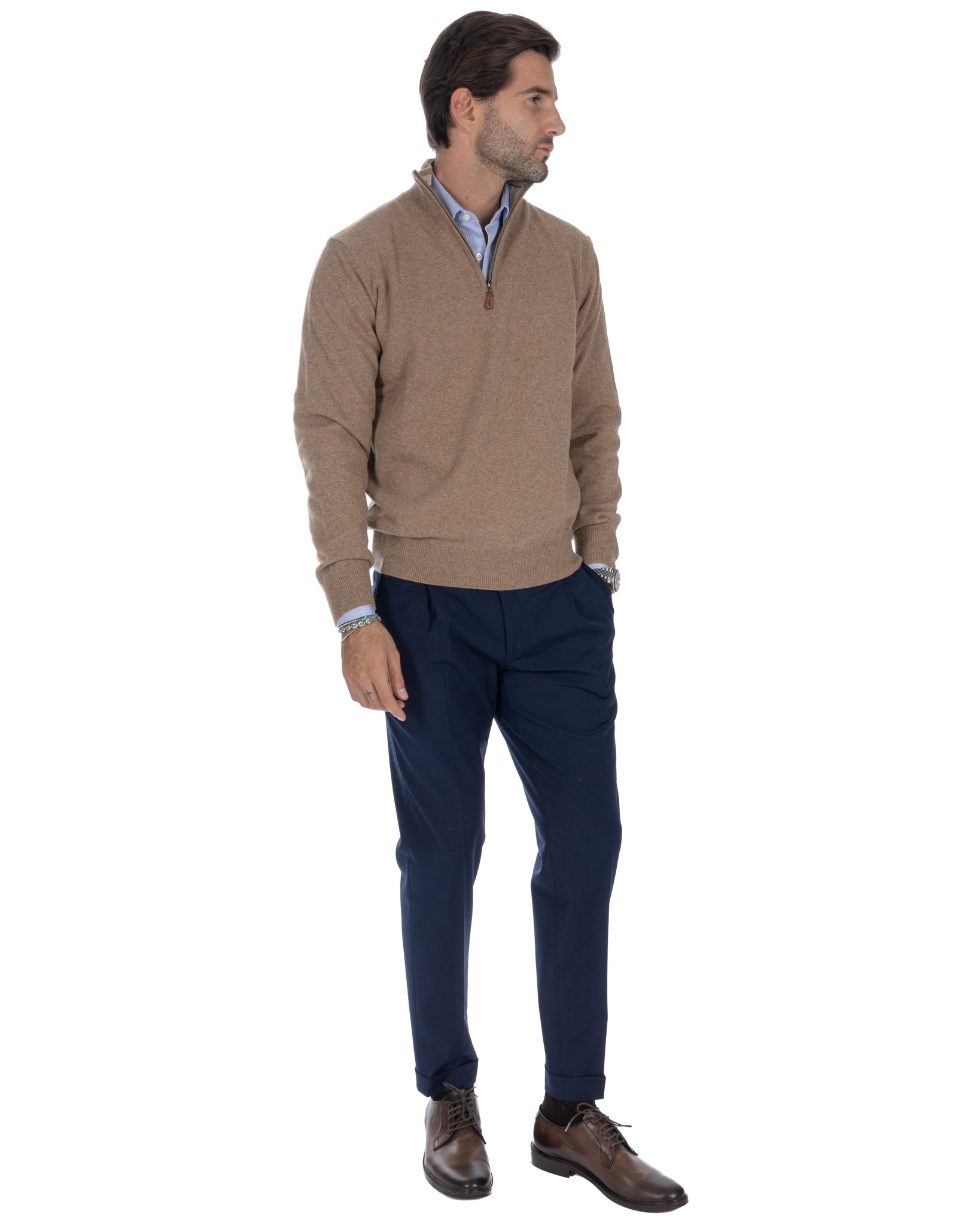 Rory - tobacco sweater with zip in cashmere blend