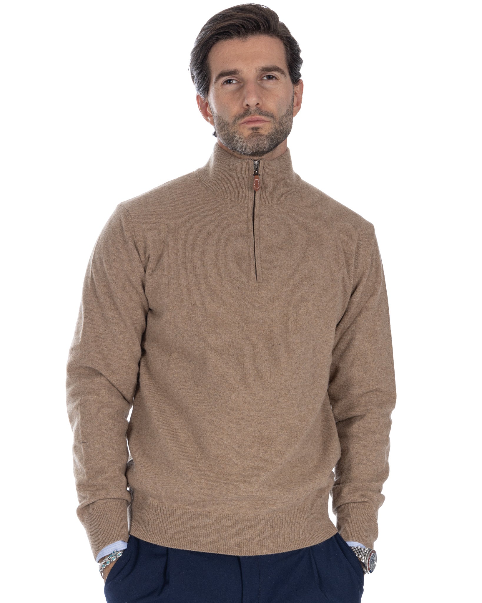 Rory - tobacco sweater with zip in cashmere blend