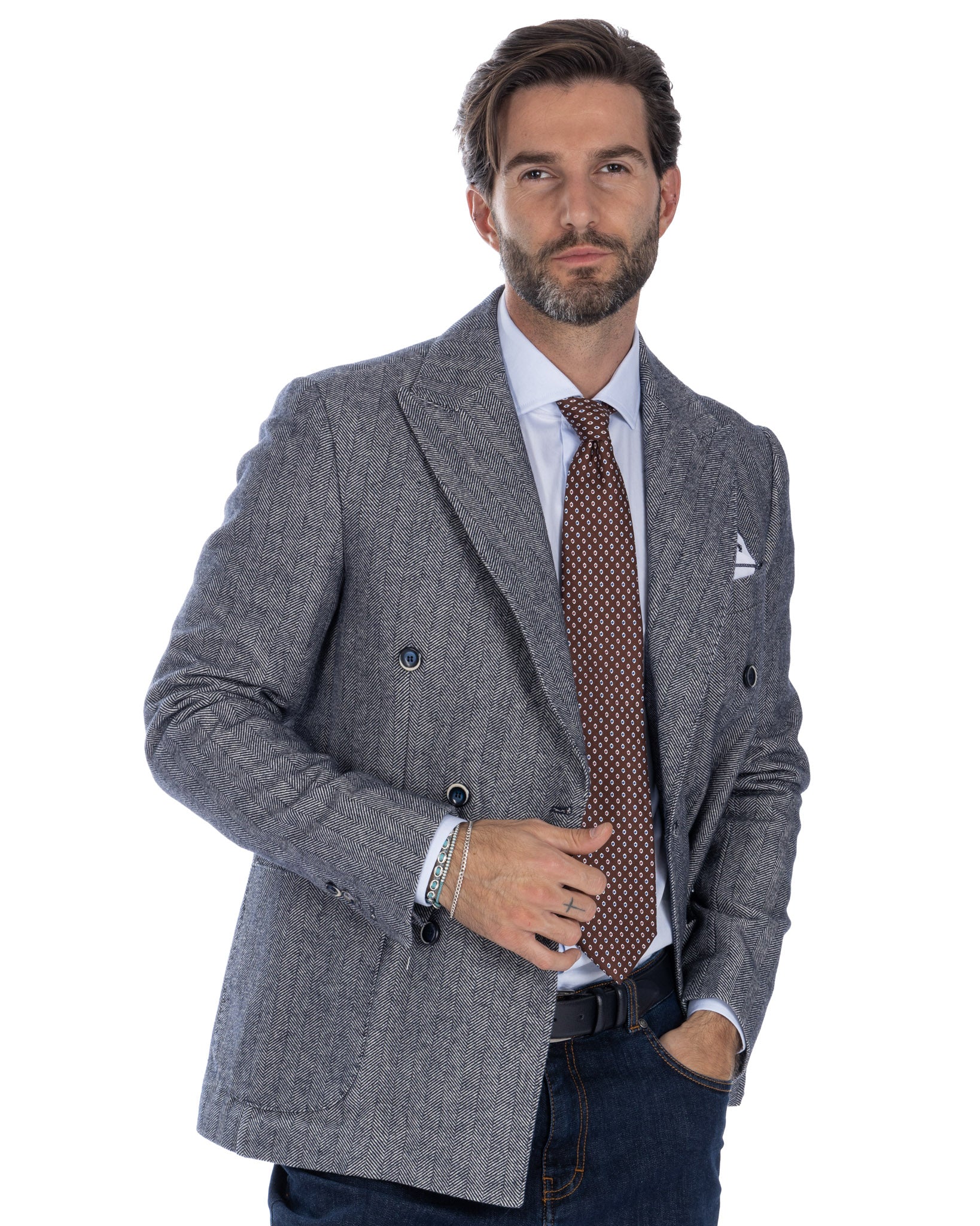 Thierry - blue herringbone double-breasted jacket