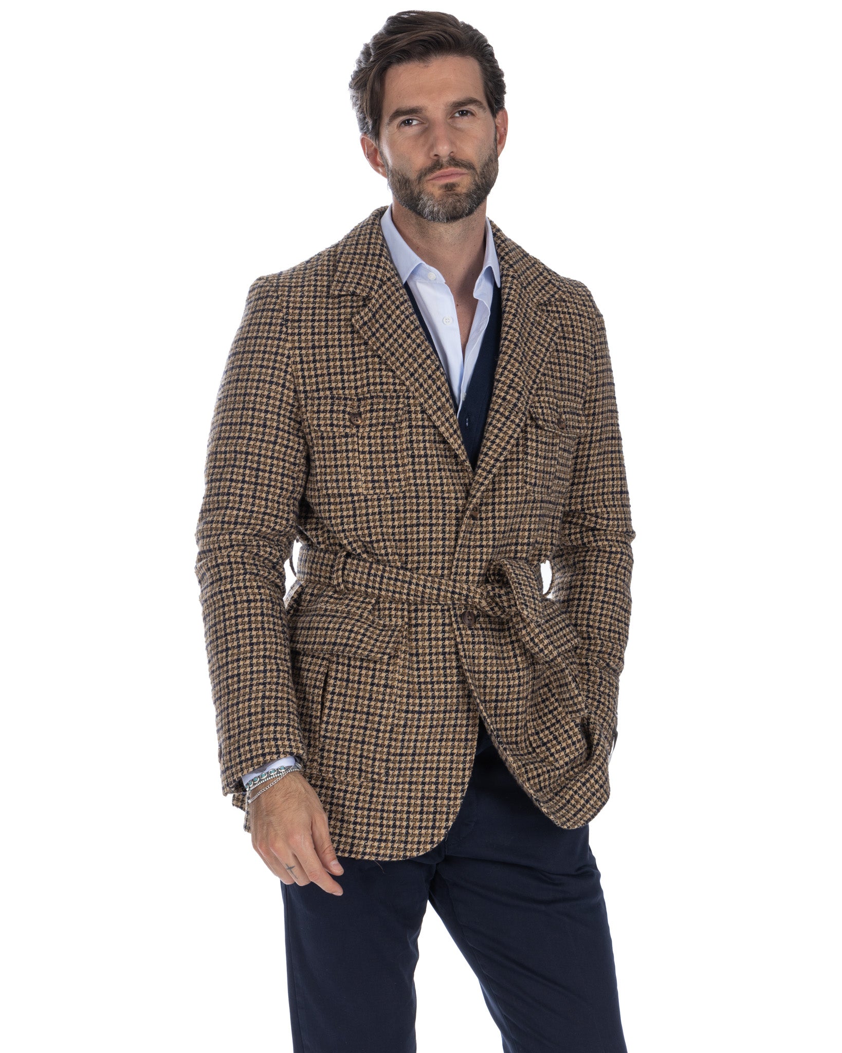 Augustin - blue houndstooth safari jacket in wool