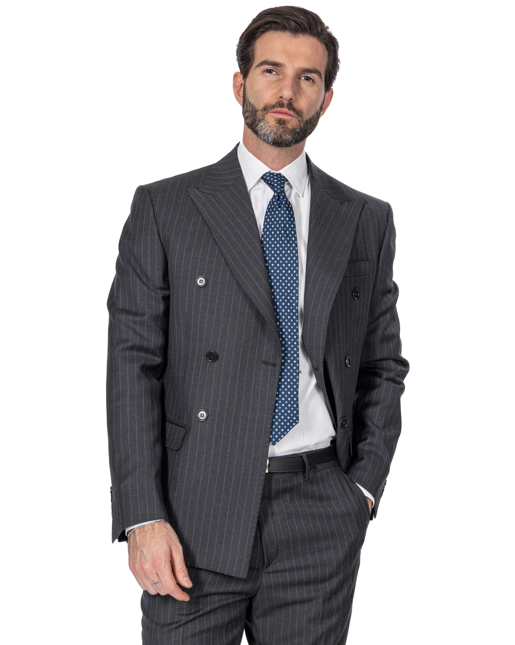 Grey Pinstripe Double Breasted Suit - Drago