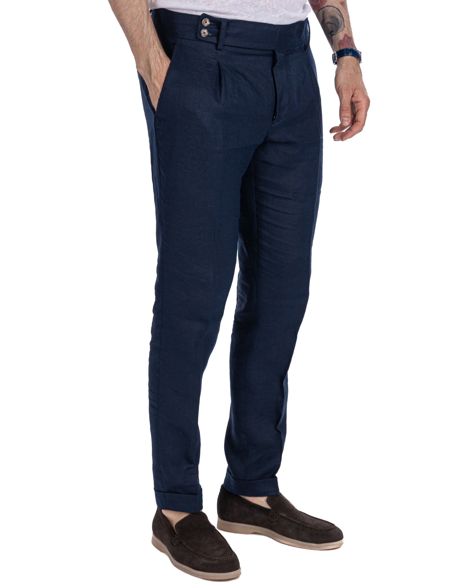 Pescaluse - pantalon taille haute en pur lin bleu