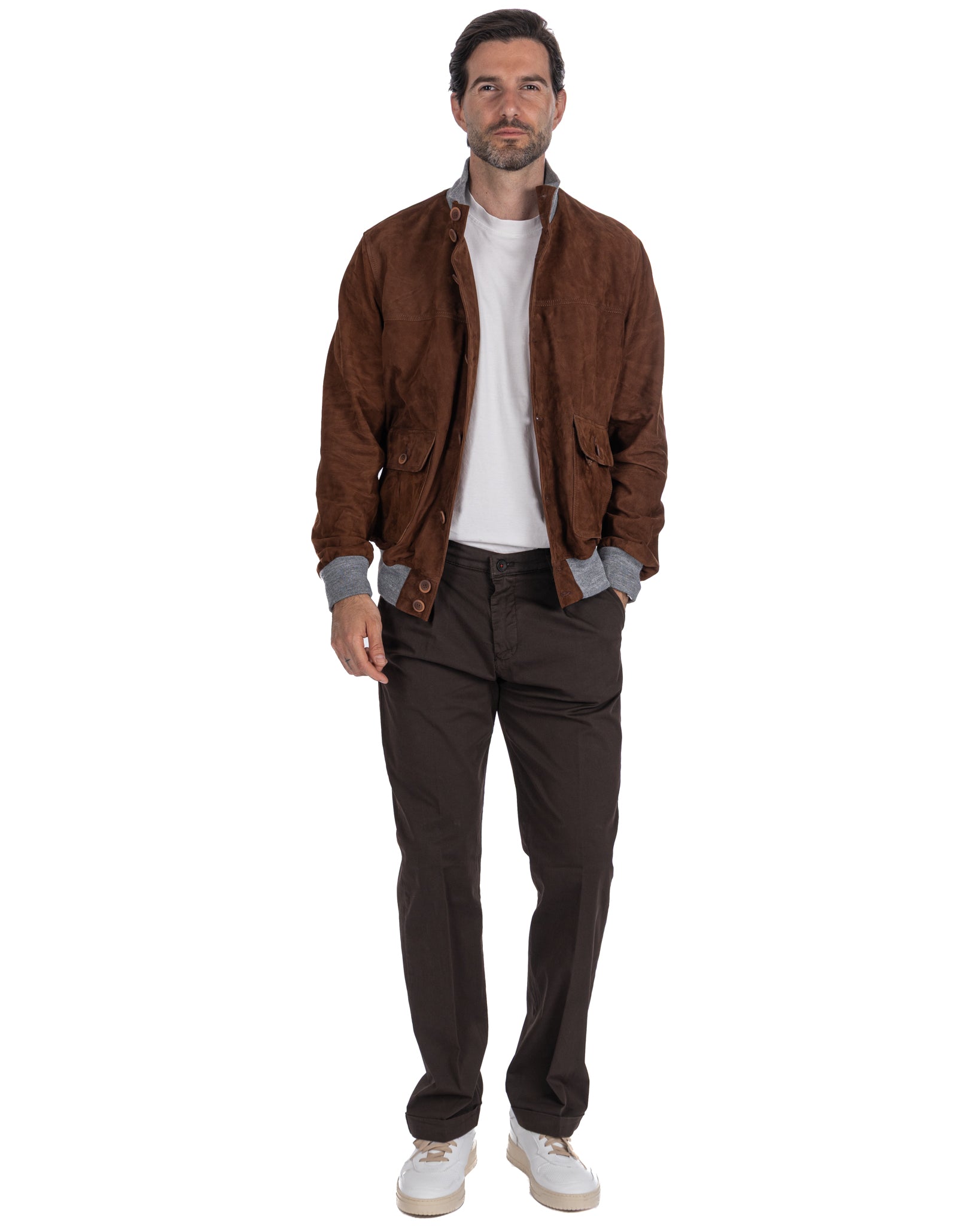 Blouson aviateur boutonné en daim camel