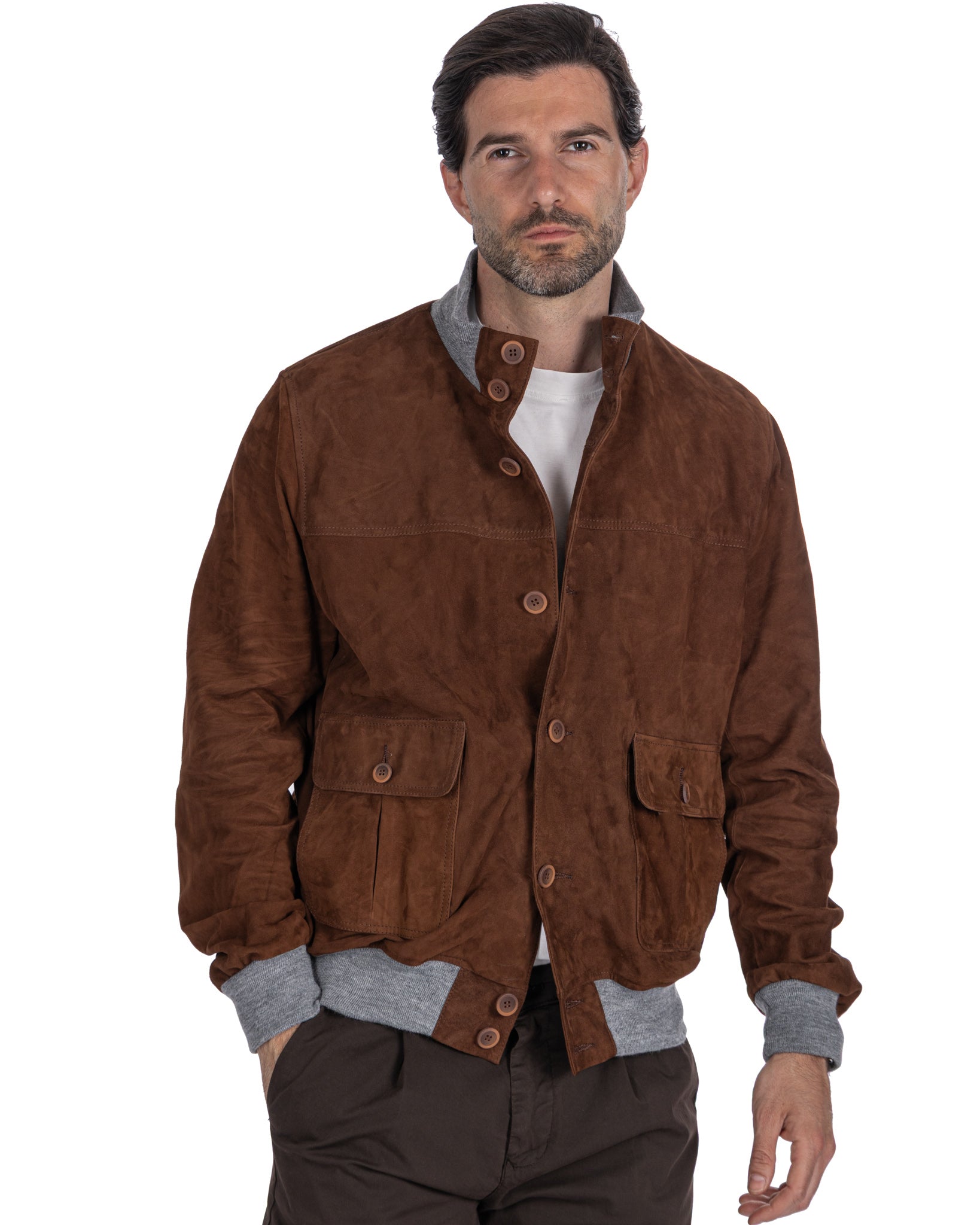 Blouson aviateur boutonné en daim camel