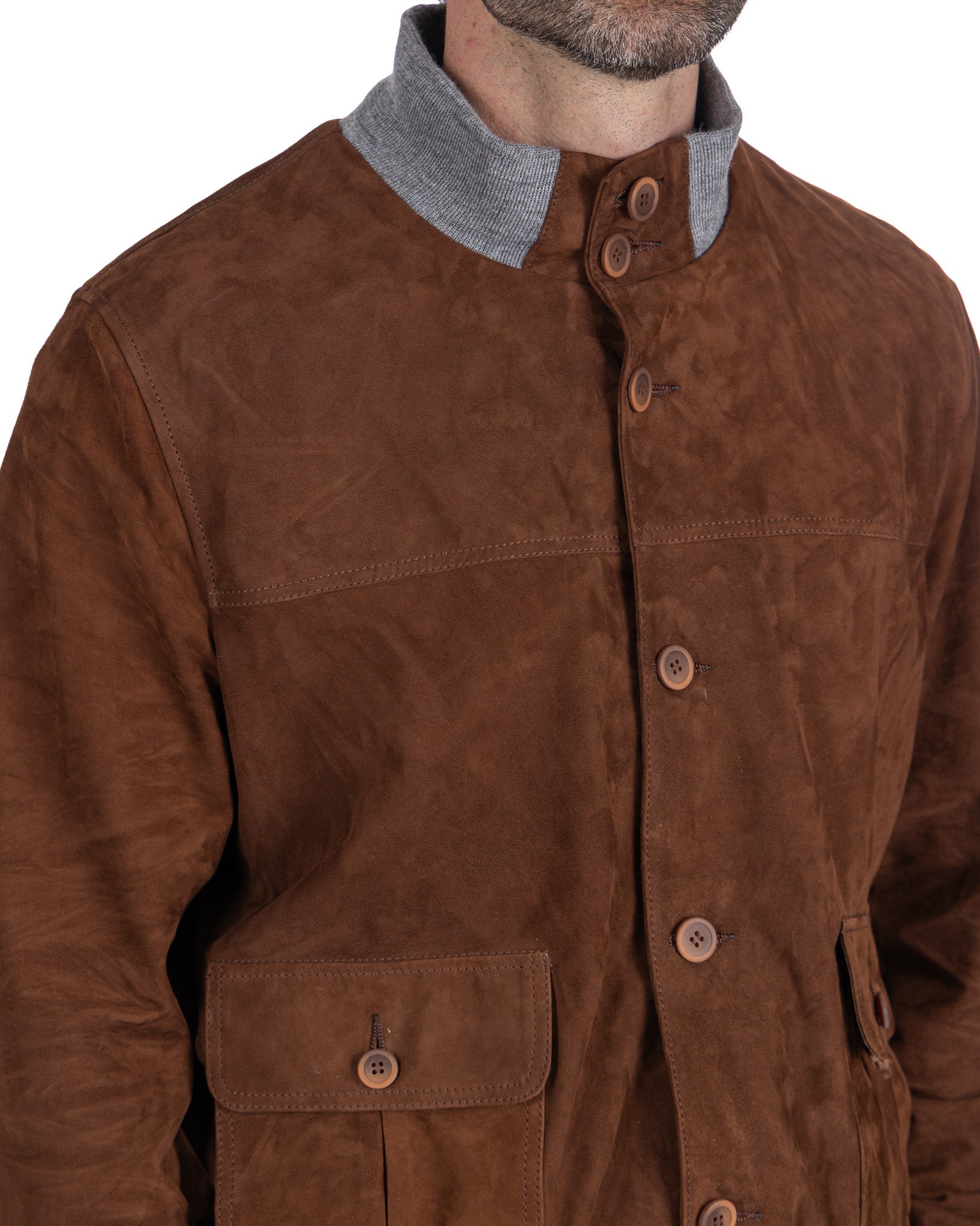 Blouson aviateur boutonné en daim camel