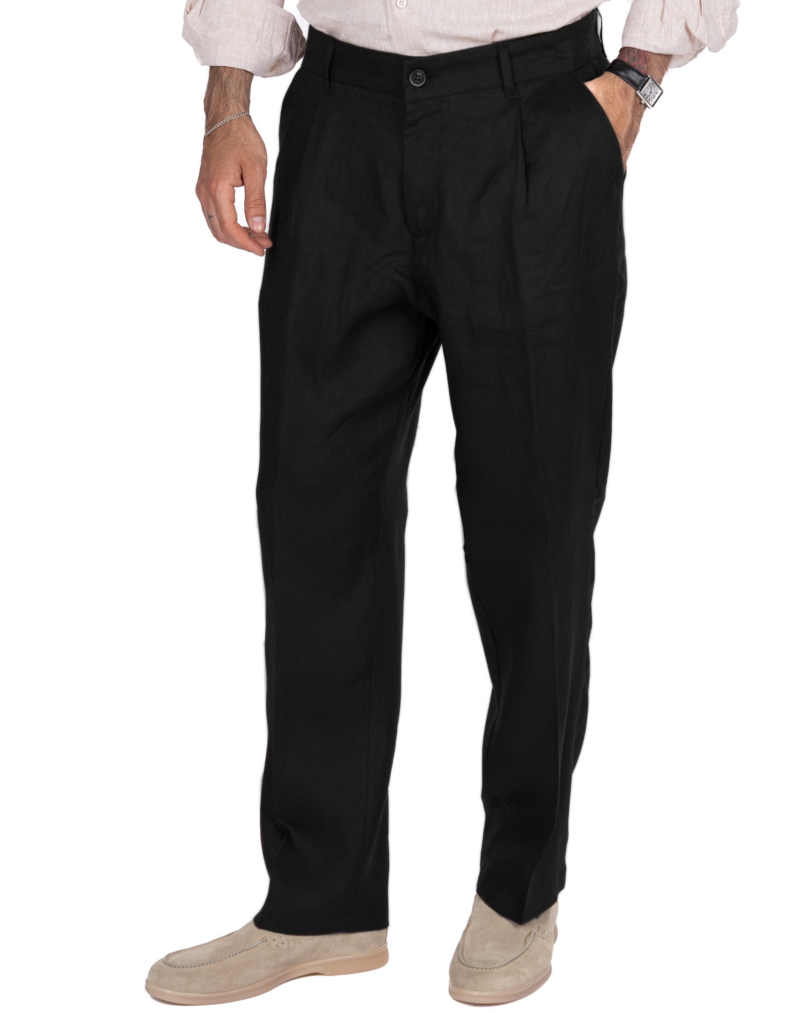 Lucas - wide trousers in pure black linen with pleats