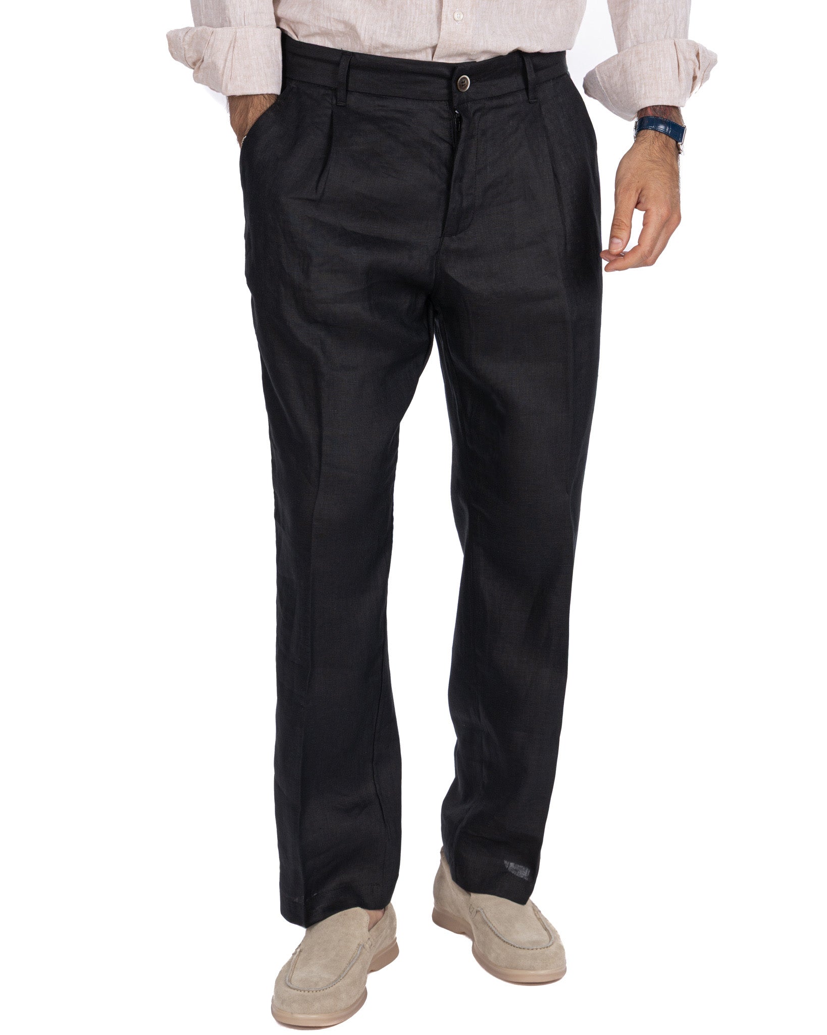 Lucas - pantalon large en pur lin noir à plis
