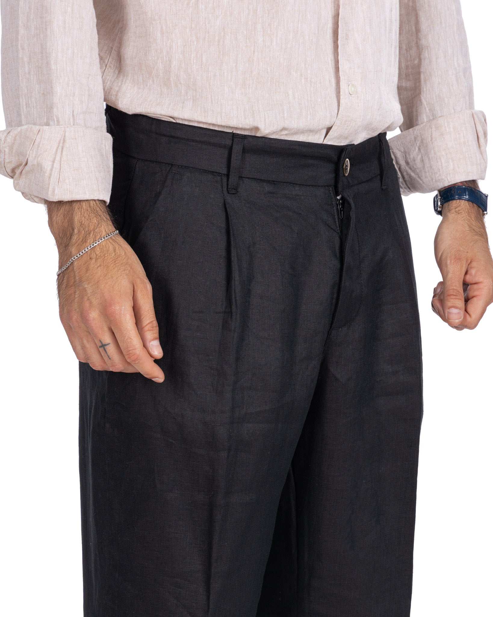 Lucas - pantalon large en pur lin noir à plis