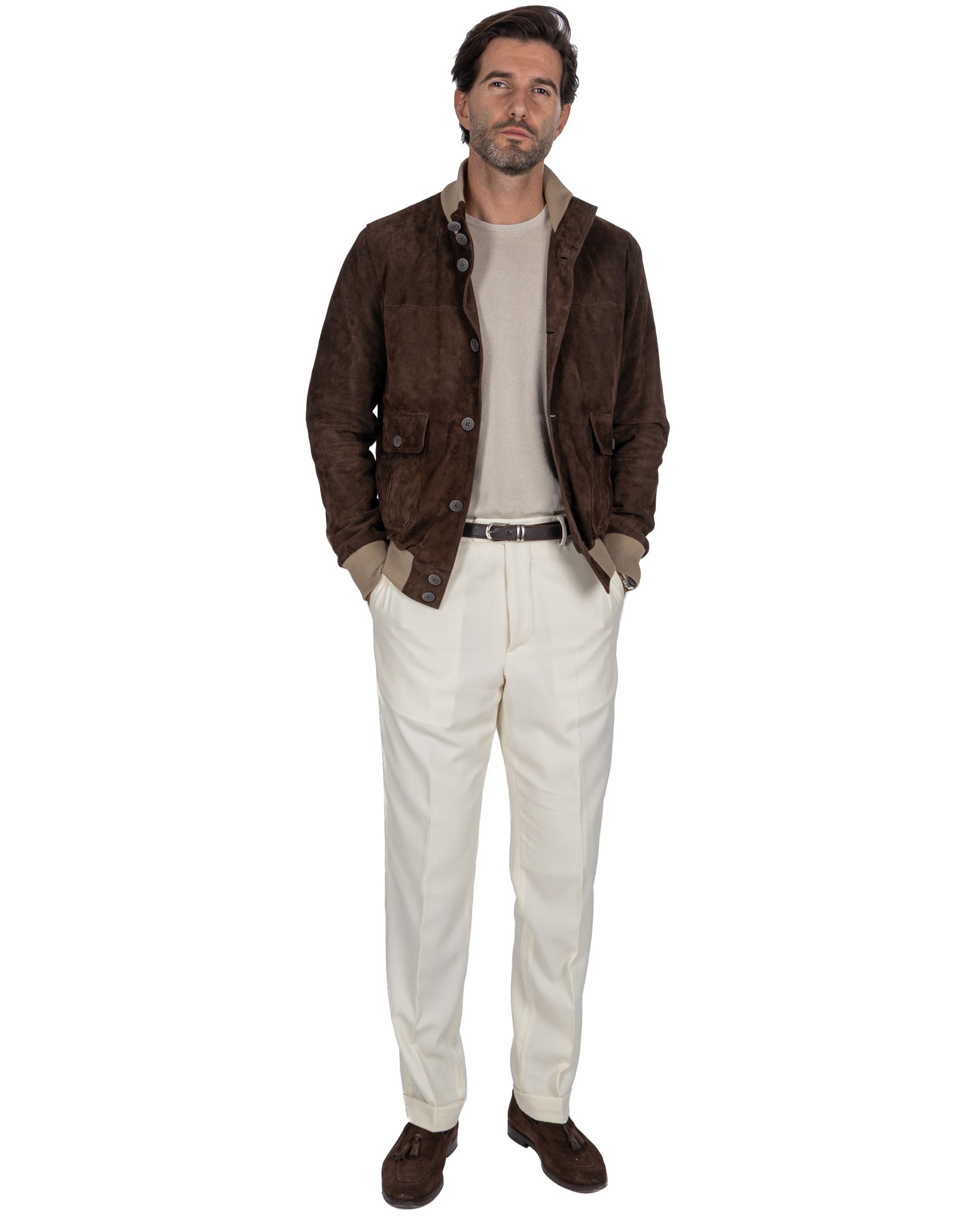 Dark Brown Suede Button Bomber Jacket