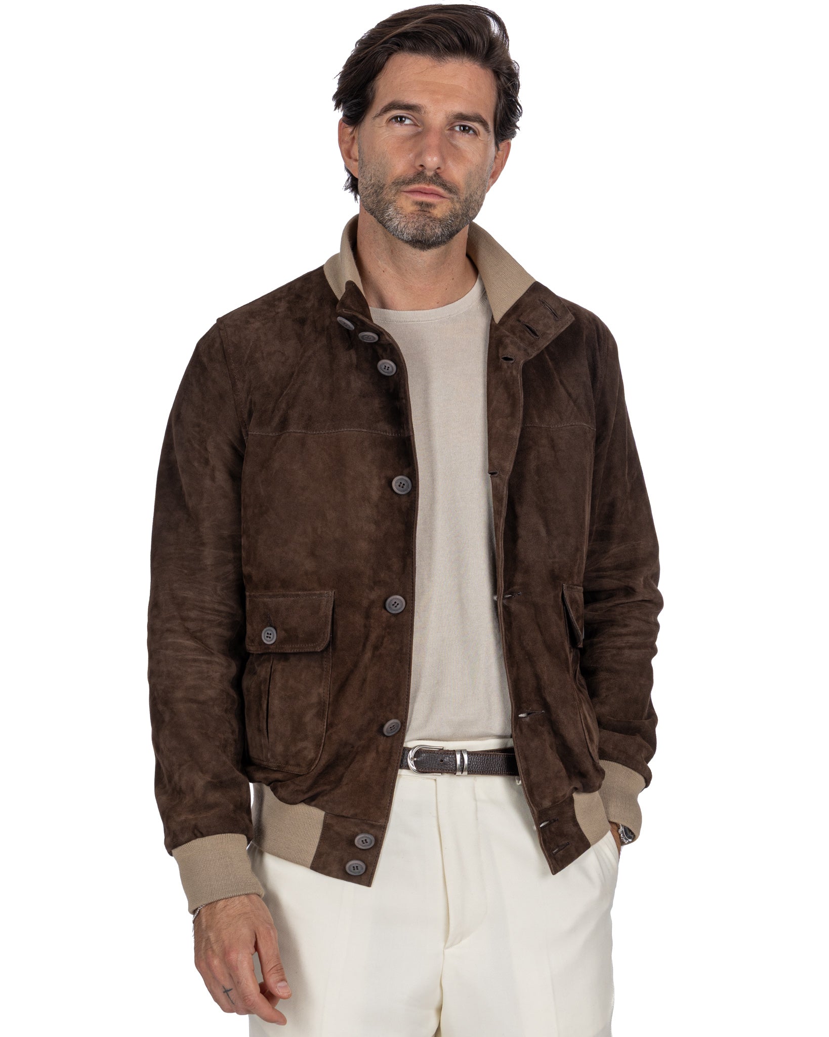 Dark Brown Suede Button Bomber Jacket