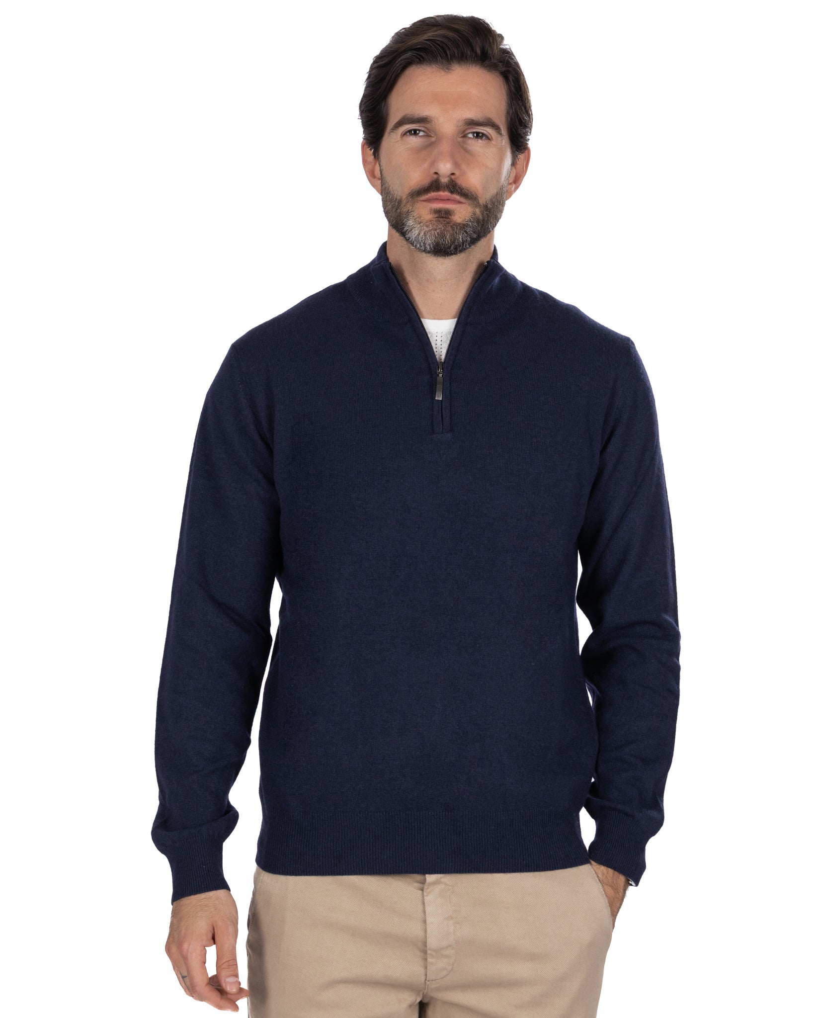 Lupetto con zip Rory in misto cachemire blu