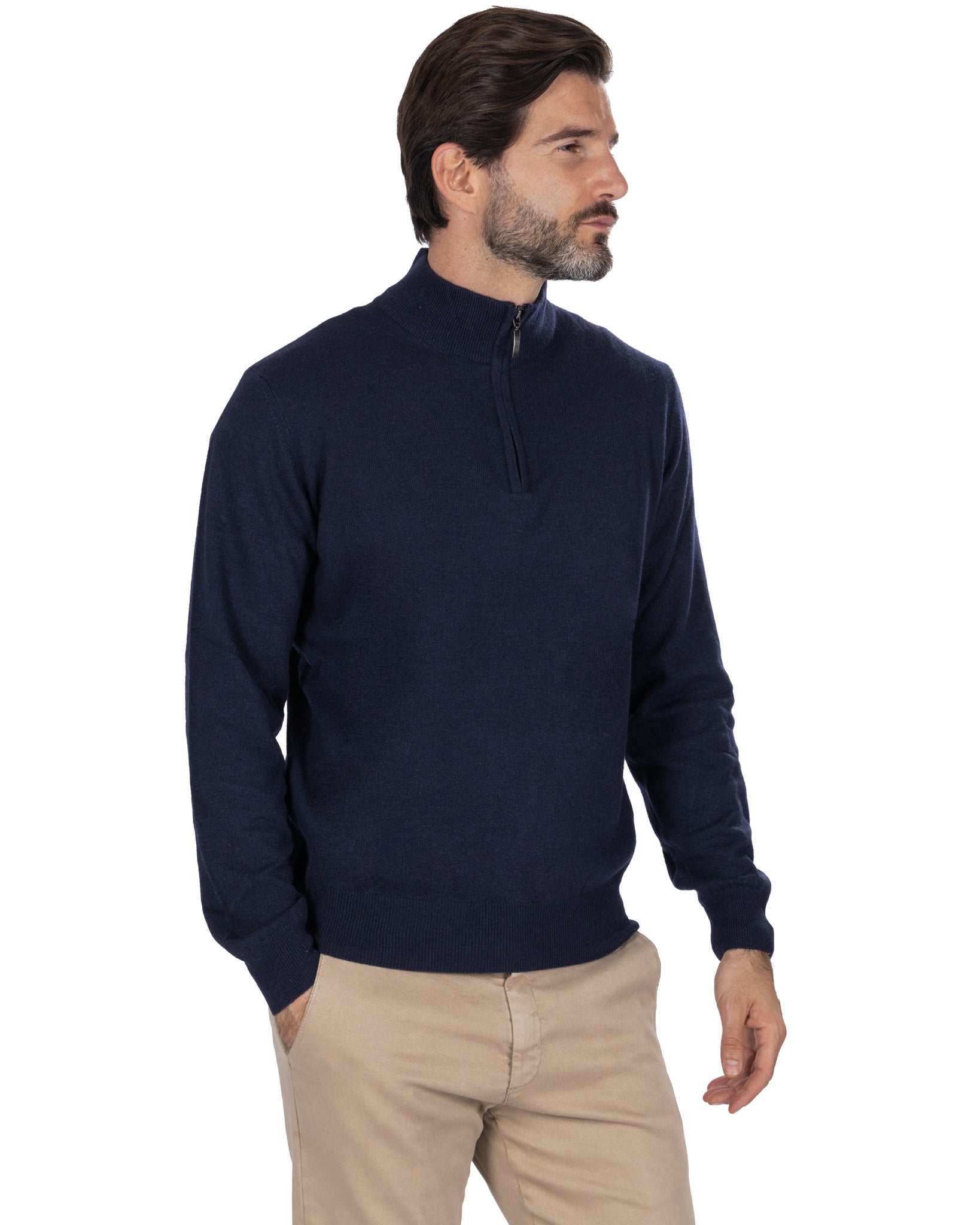 Lupetto con zip Rory in misto cachemire blu