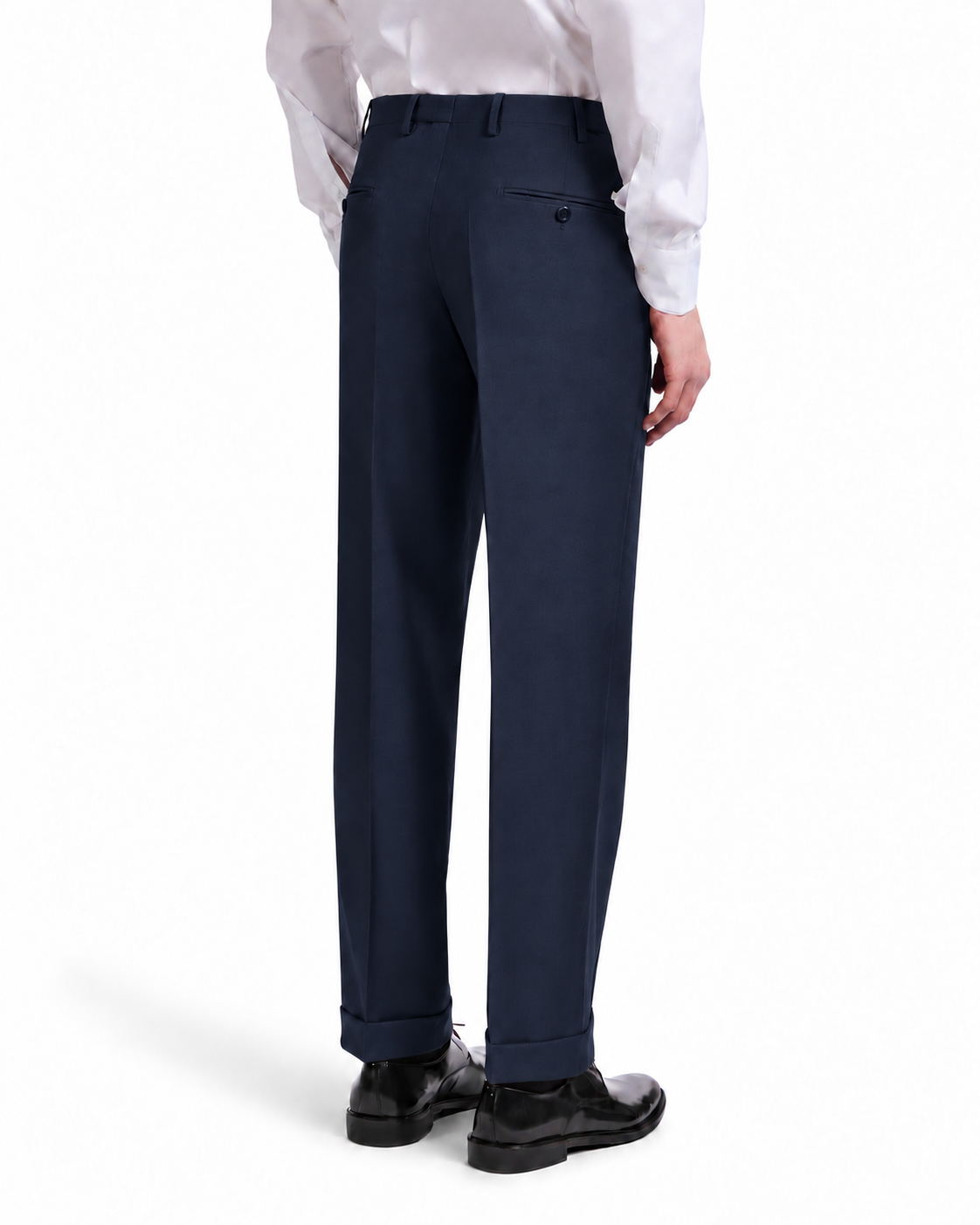 Navy blue men's dress trousers, tailored fit, made from premium cotton, featuring a classic back pocket detail.