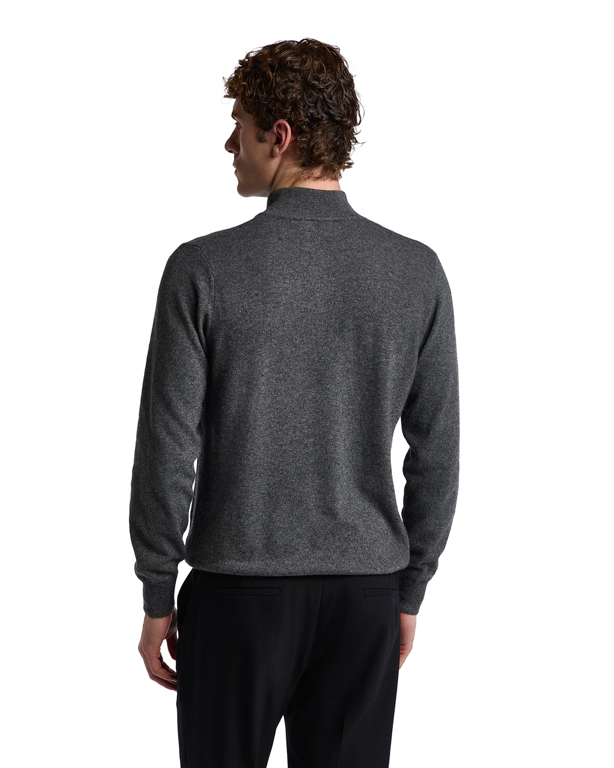 Men's dark gray cashmere sweater with a modern mock neck design, perfect for casual or sophisticated looks.