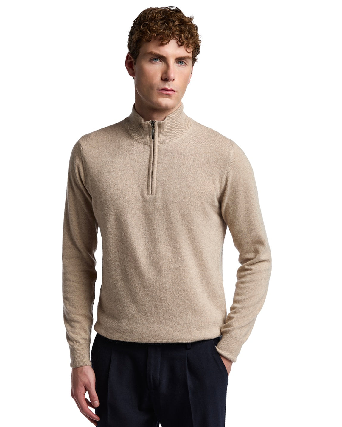 Rory zip-up turtleneck sweater in sand cashmere blend