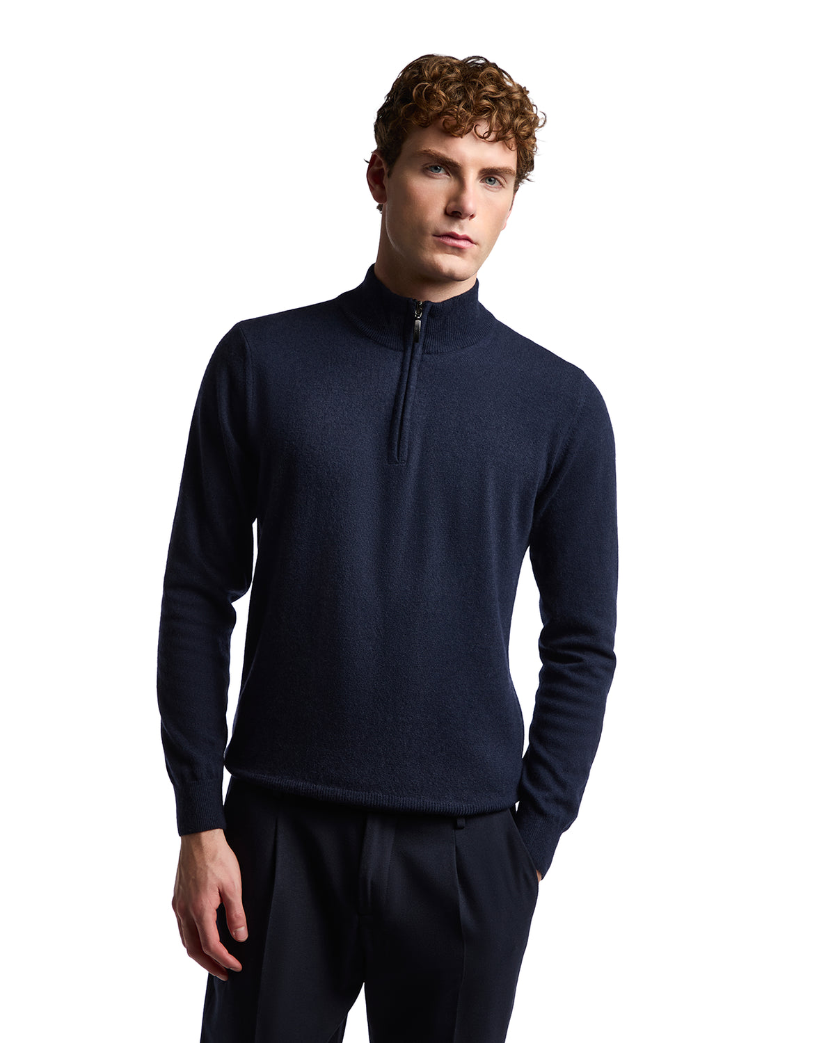 Men's navy blue knit pullover sweater with quarter zip, made from soft, premium wool blend. Ideal for casual or smart outfits.