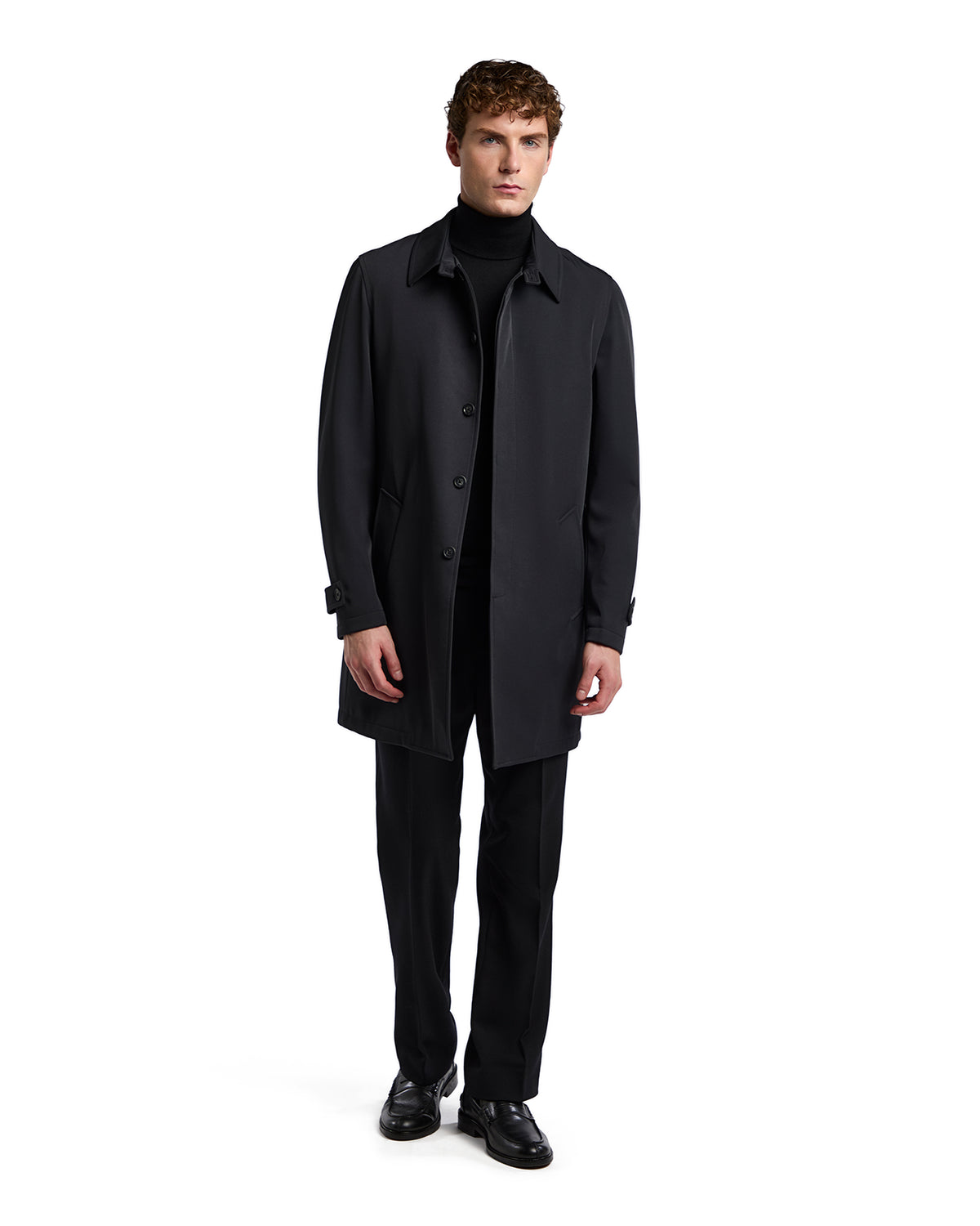 Men's black modern trench coat, tailored fit, lightweight fabric, designed for a sleek, sophisticated look.