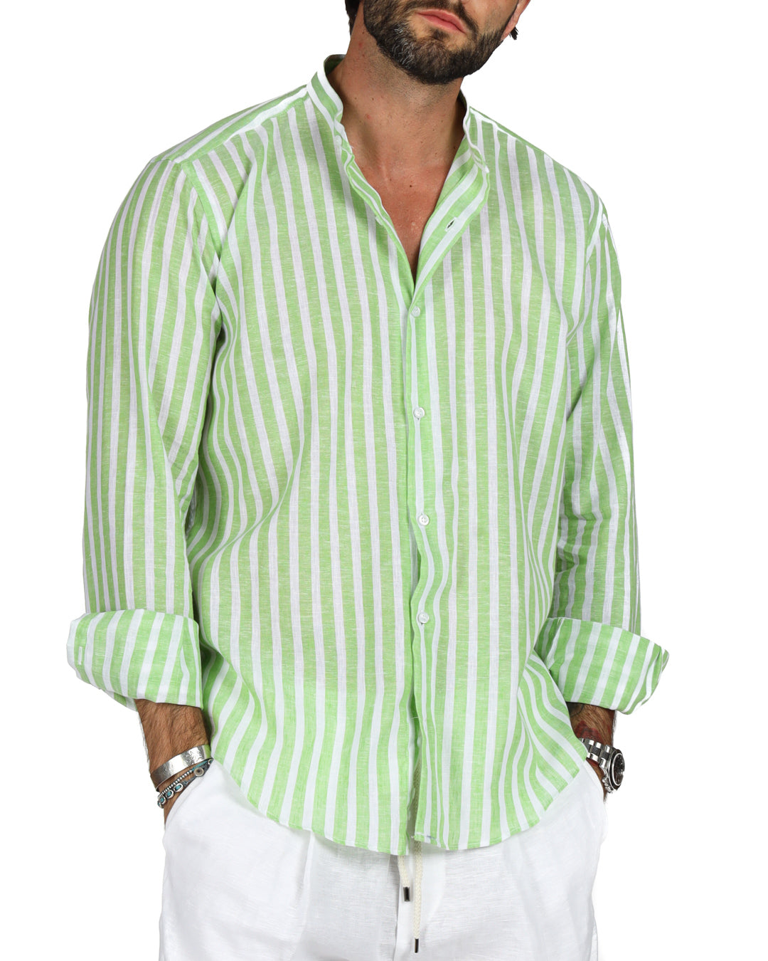 Procida - Korean shirt with wide green stripes in linen