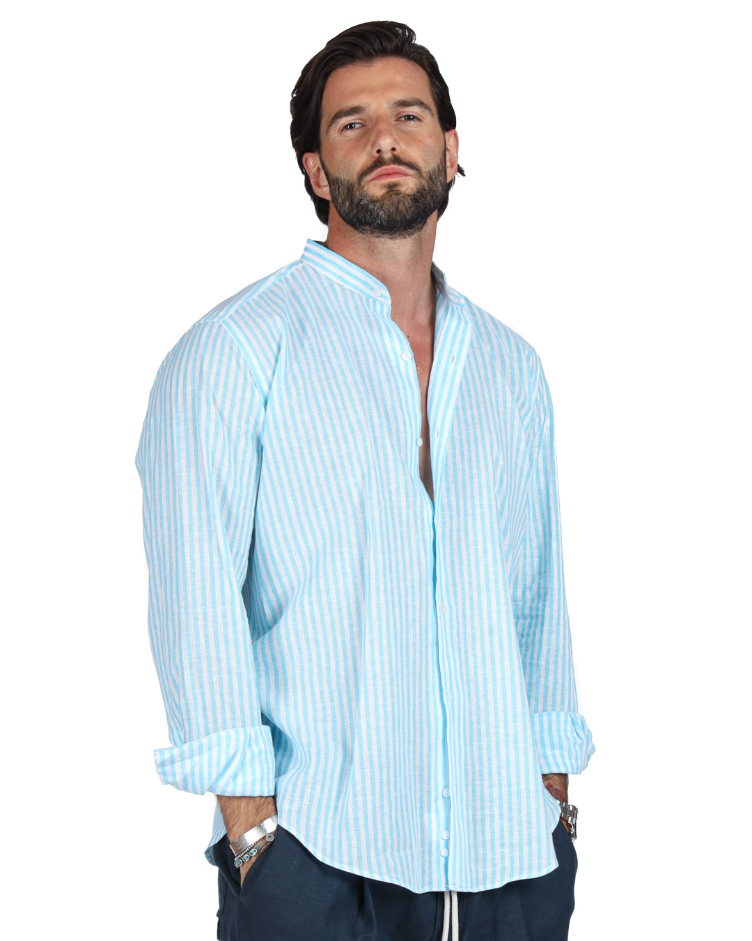 Ischia - Camicia coreana righe strette turchese in lino