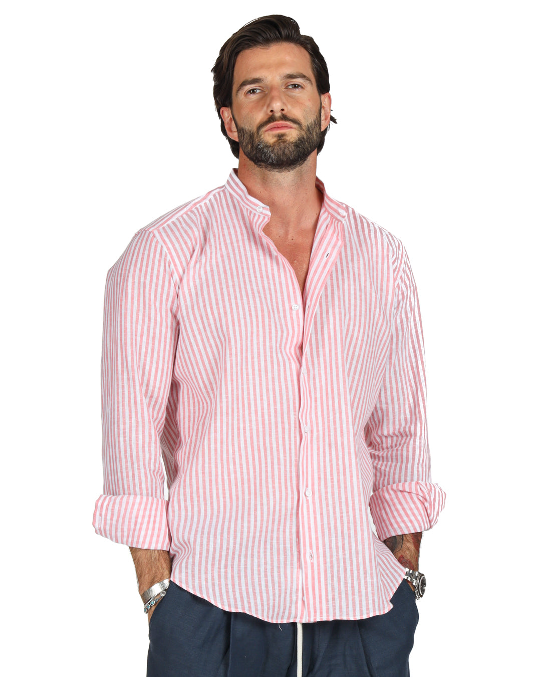 Ischia - Camicia coreana righe strette rosa in lino