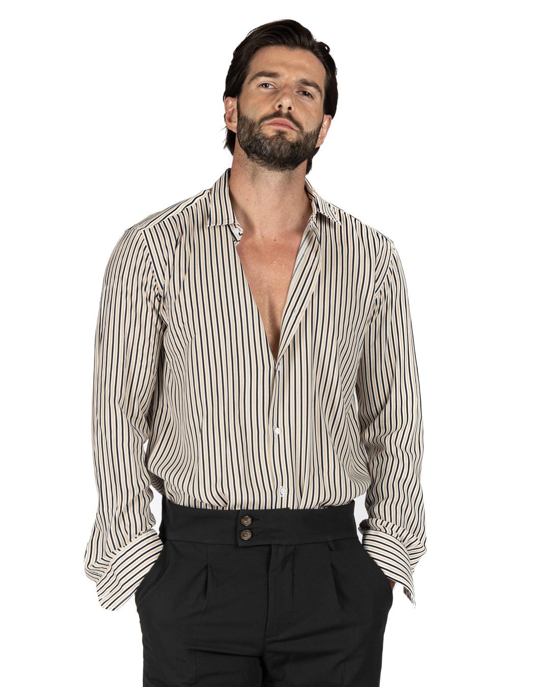 Barbuda - Classic beige striped patterned shirt