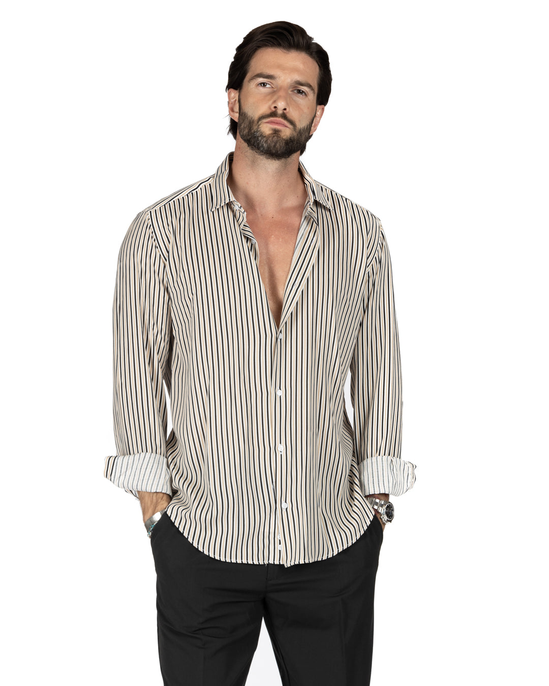 Barbuda - Classic beige striped patterned shirt