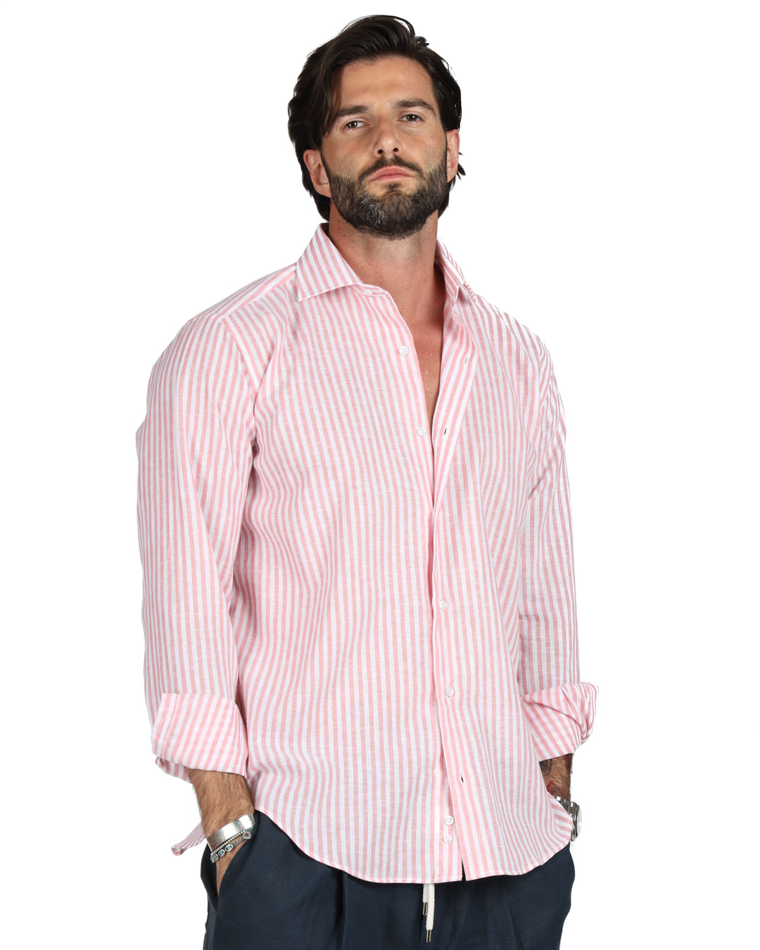 Ischia - Camicia classica righe strette rosa in lino