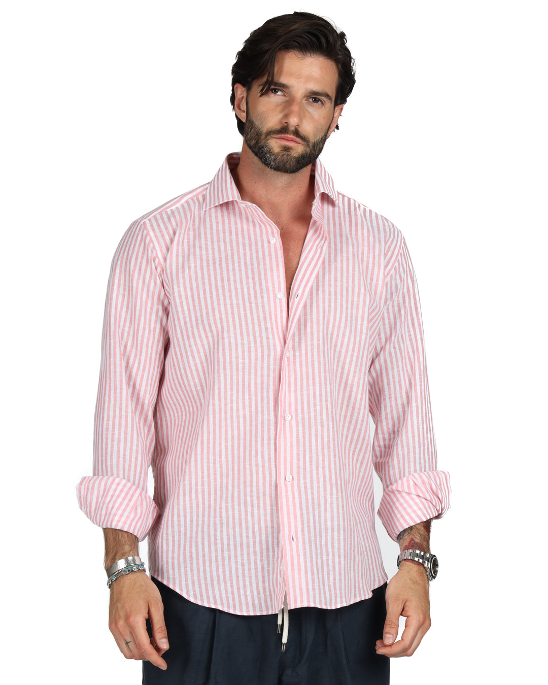 Ischia - Classic pink narrow striped linen shirt