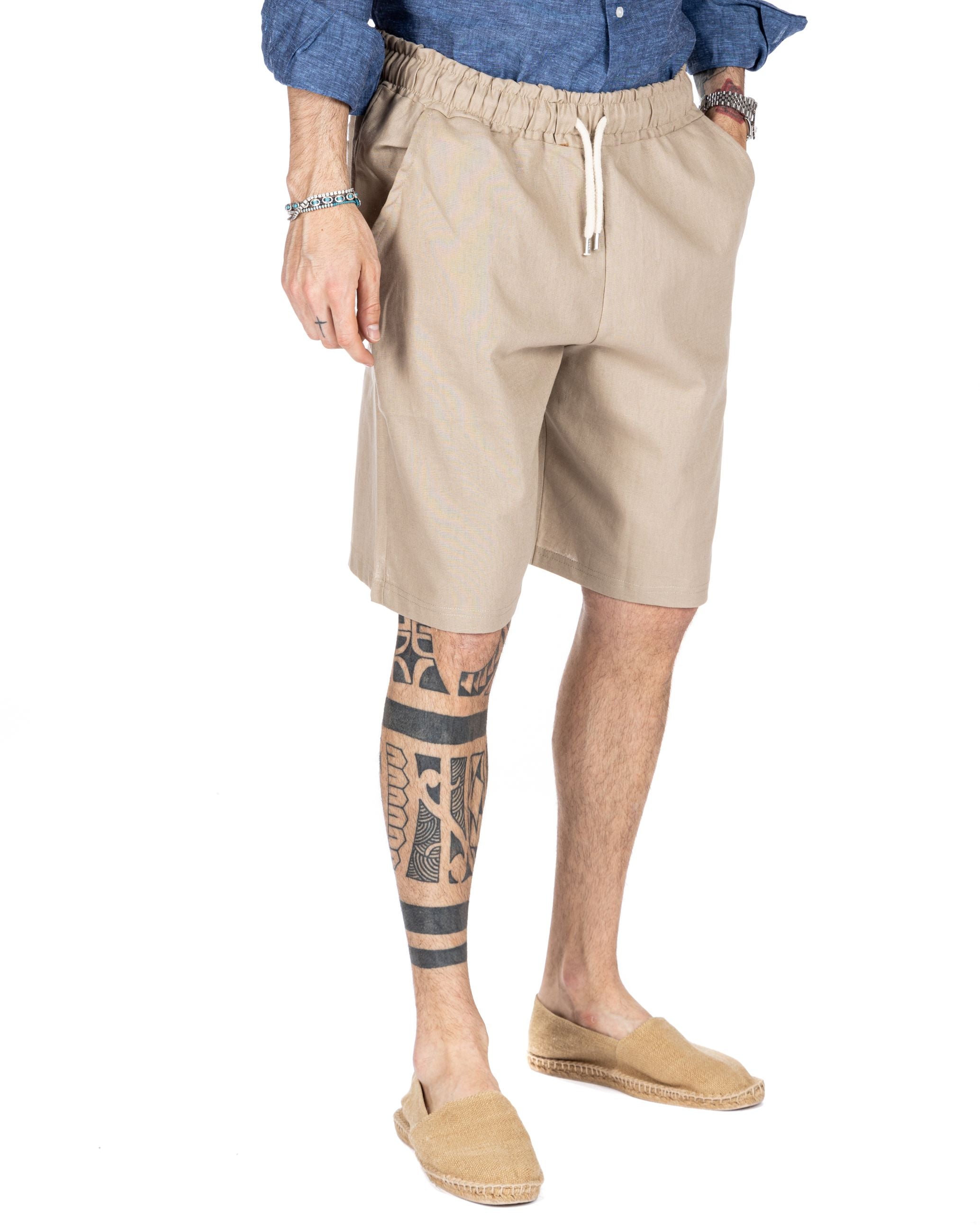 DANILO 2.0 - BEIGE LINEN BERMUDA SHORTS WITH ELASTIC