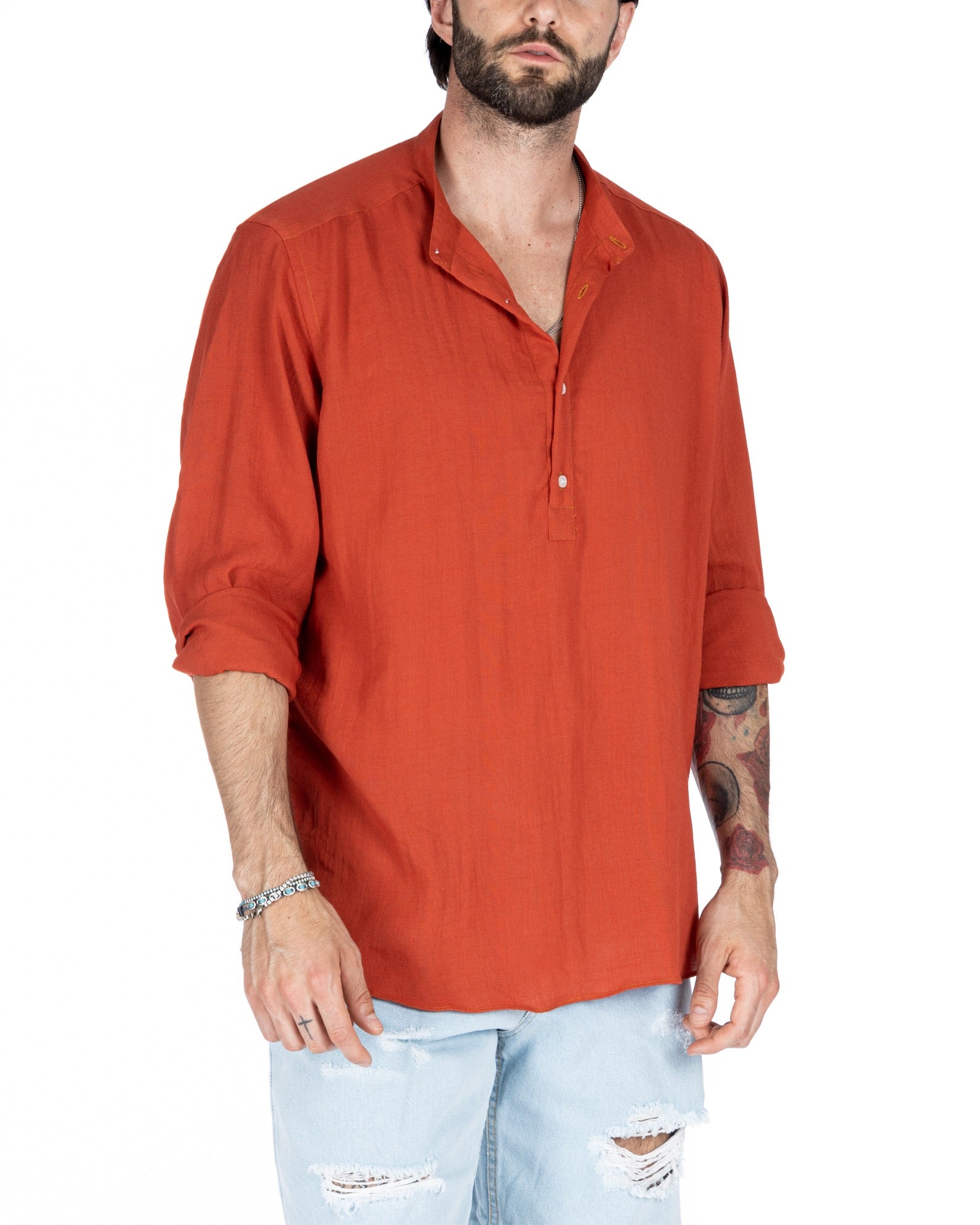 SERAFINO - FIVE BUTTON SHIRT IN CORAL LINEN