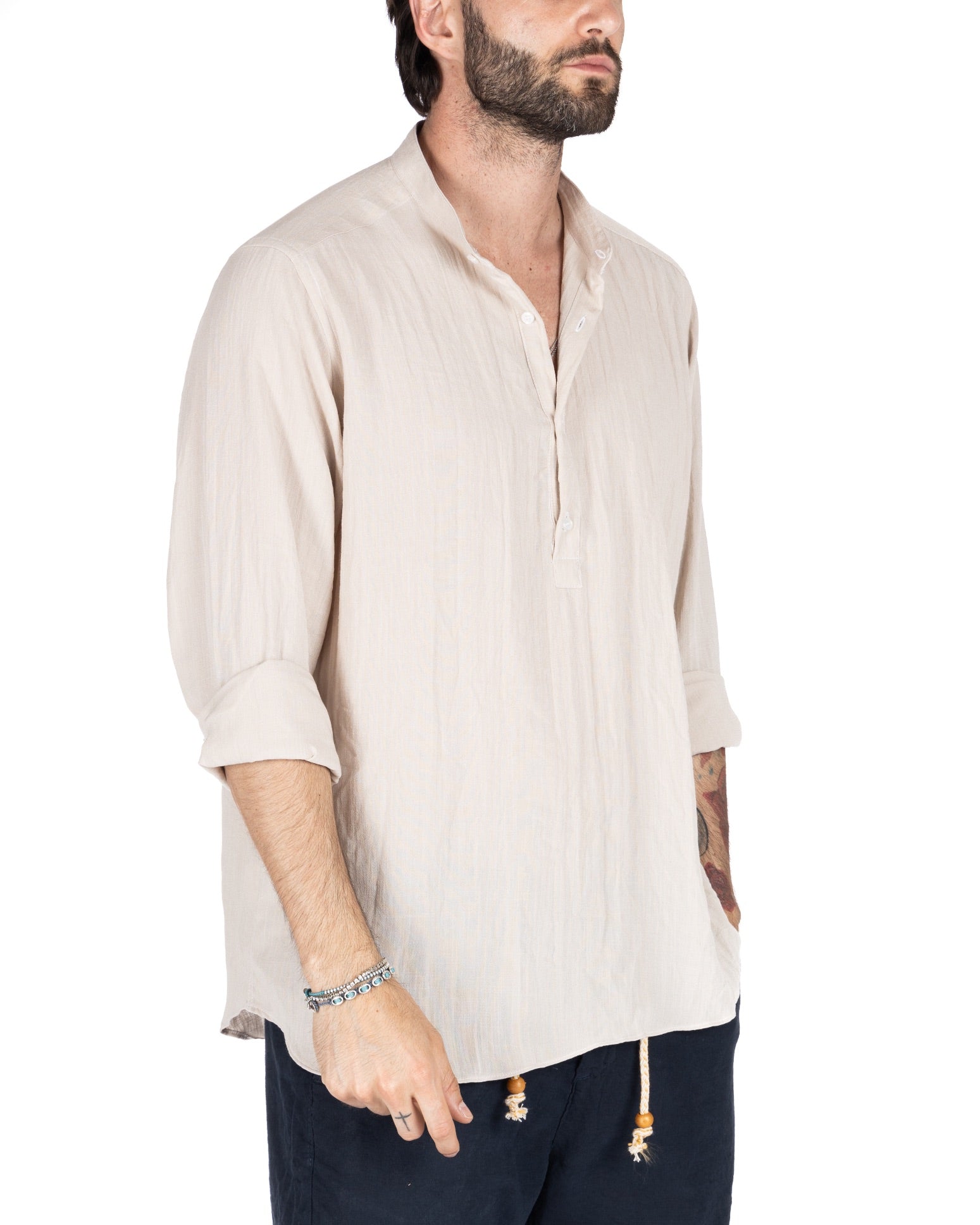 SERAFINO - FIVE BUTTON SHIRT IN SAND LINEN