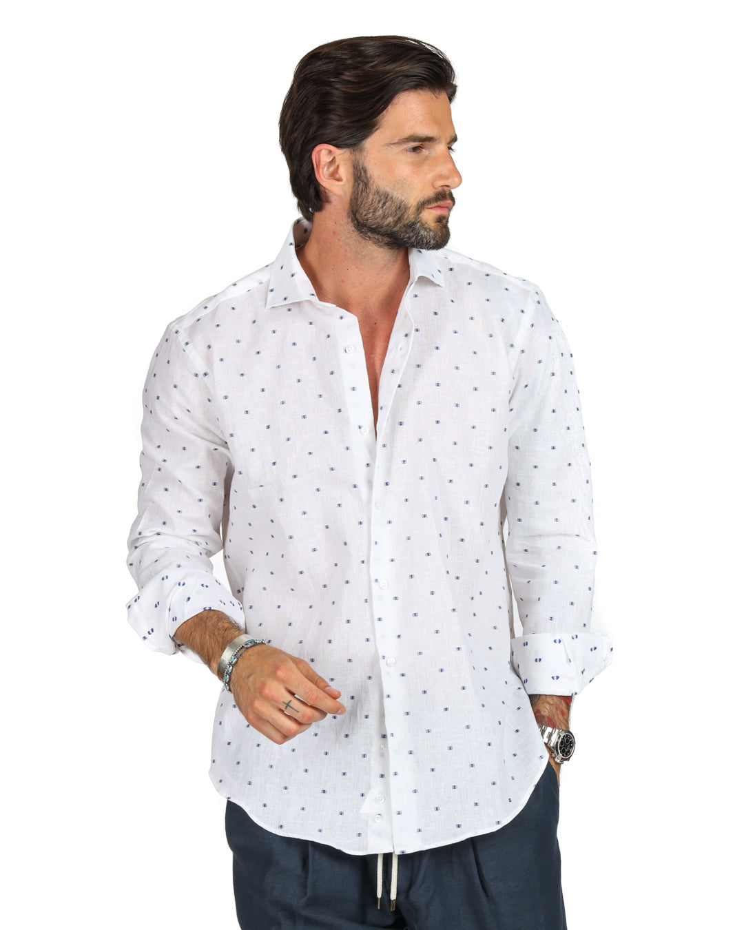 Salina - Classic white linen shirt with blue embroidery