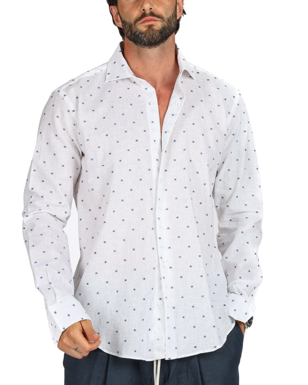 Salina - Classic white linen shirt with blue embroidery